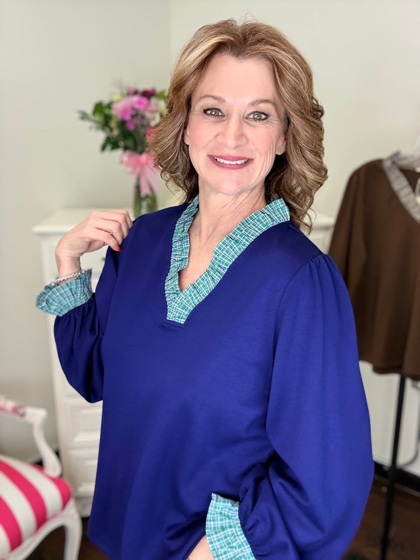 Plaid Ruffle Top- Navy