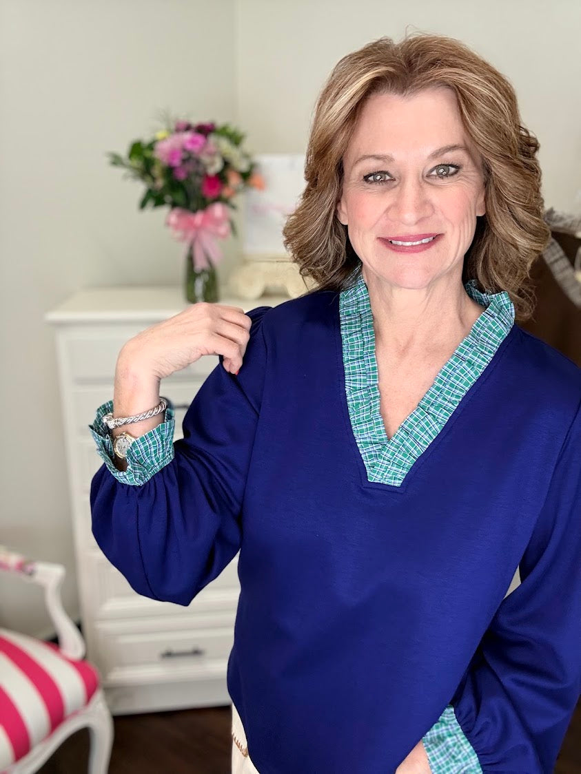 Plaid Ruffle Top- Navy