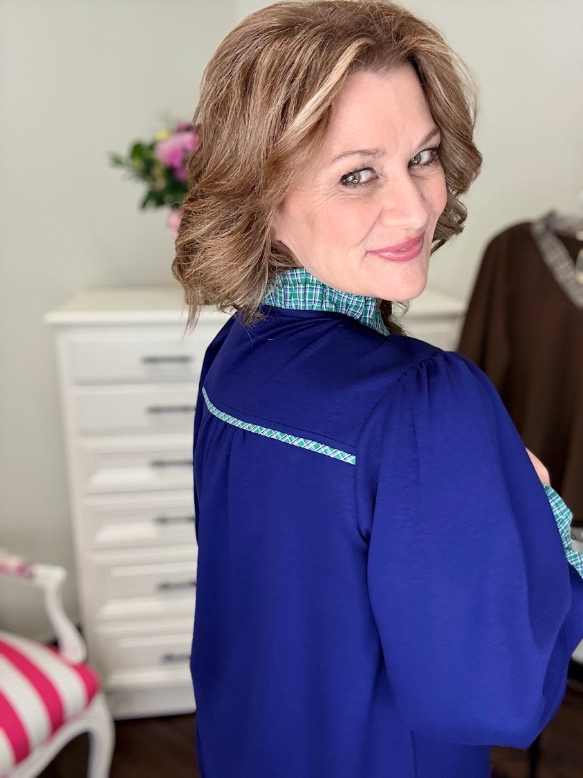 Plaid Ruffle Top- Navy