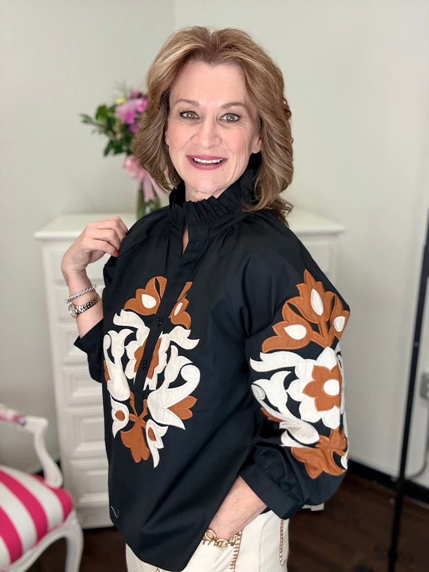 Baroque Floral Button Blouse- Black