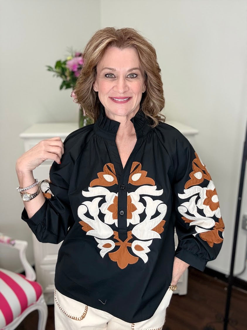 Baroque Floral Button Blouse- Black