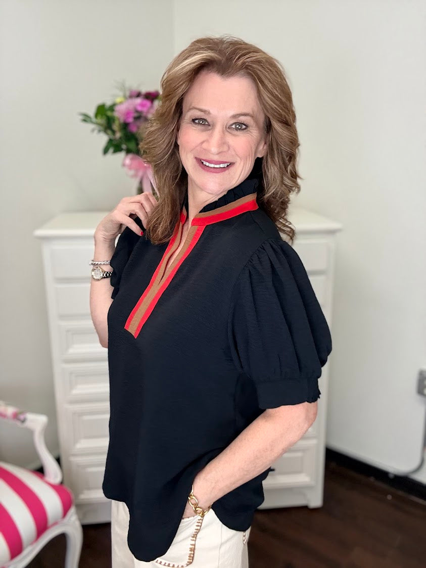 Ruffle Accent Crinkle Top- Black