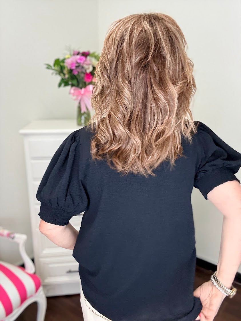 Ruffle Accent Crinkle Top- Black