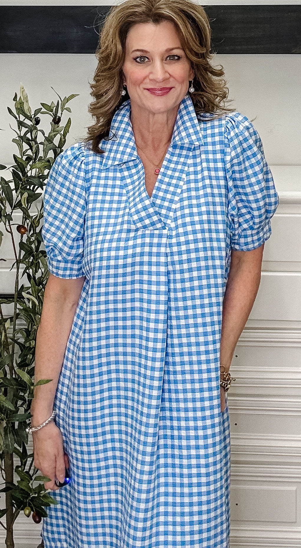 Nora Gingham Midi Dress -Blue