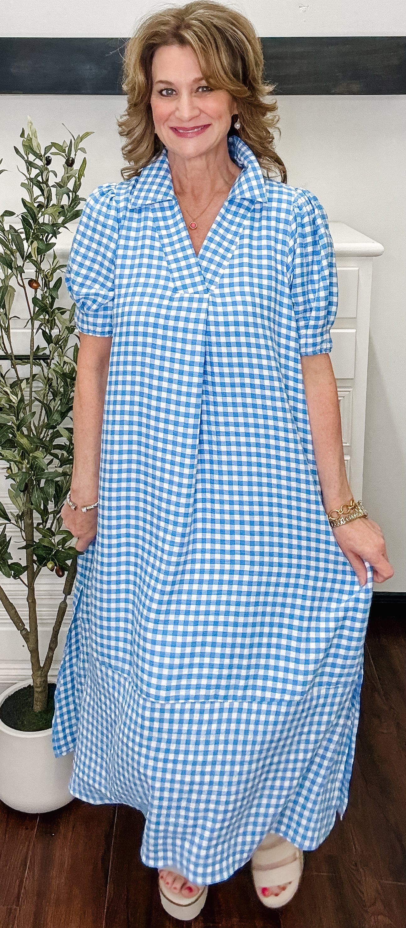 Nora Gingham Midi Dress -Blue
