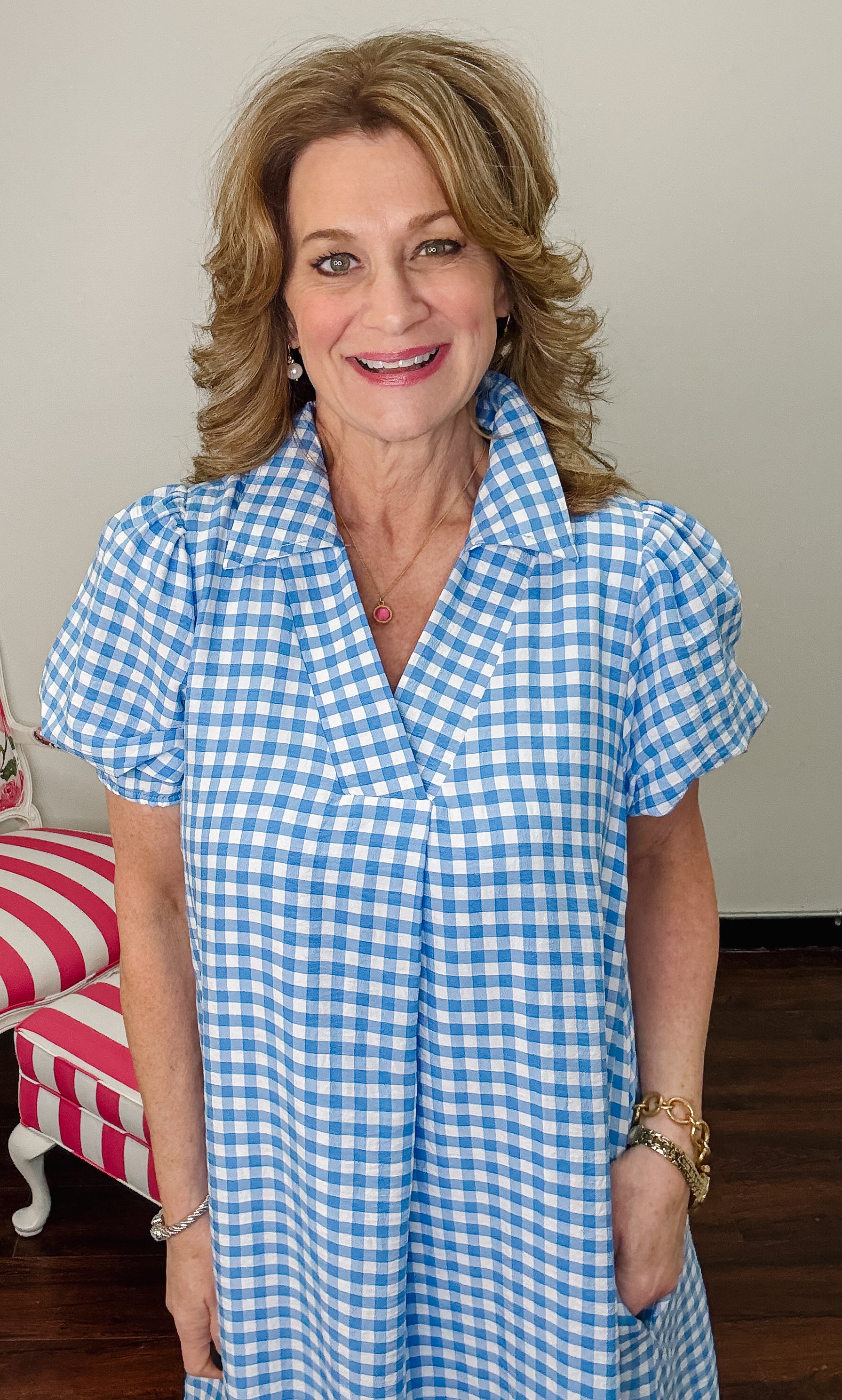 Nora Gingham Midi Dress -Blue