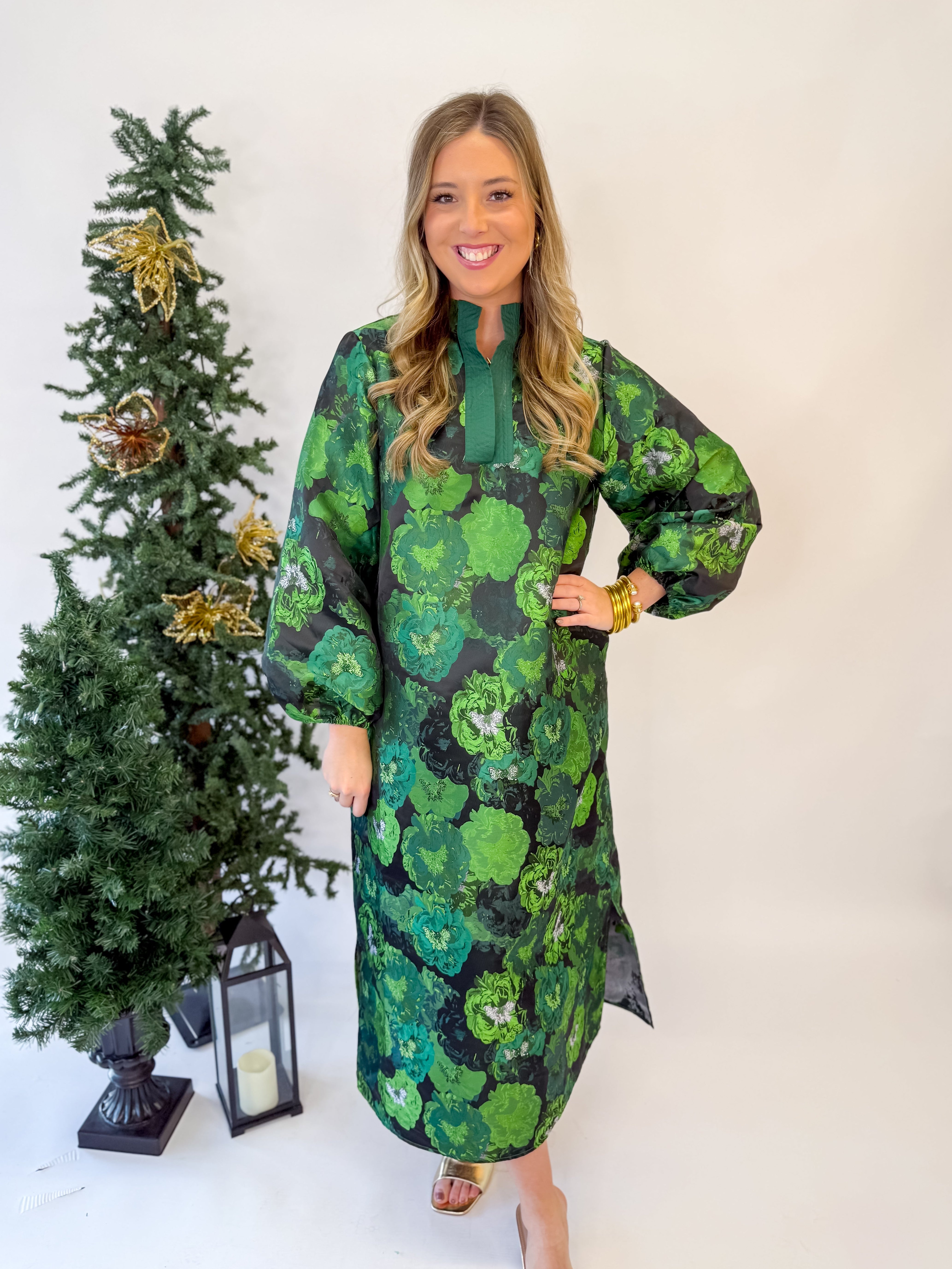 Floral Elegance Long Caftan-Green