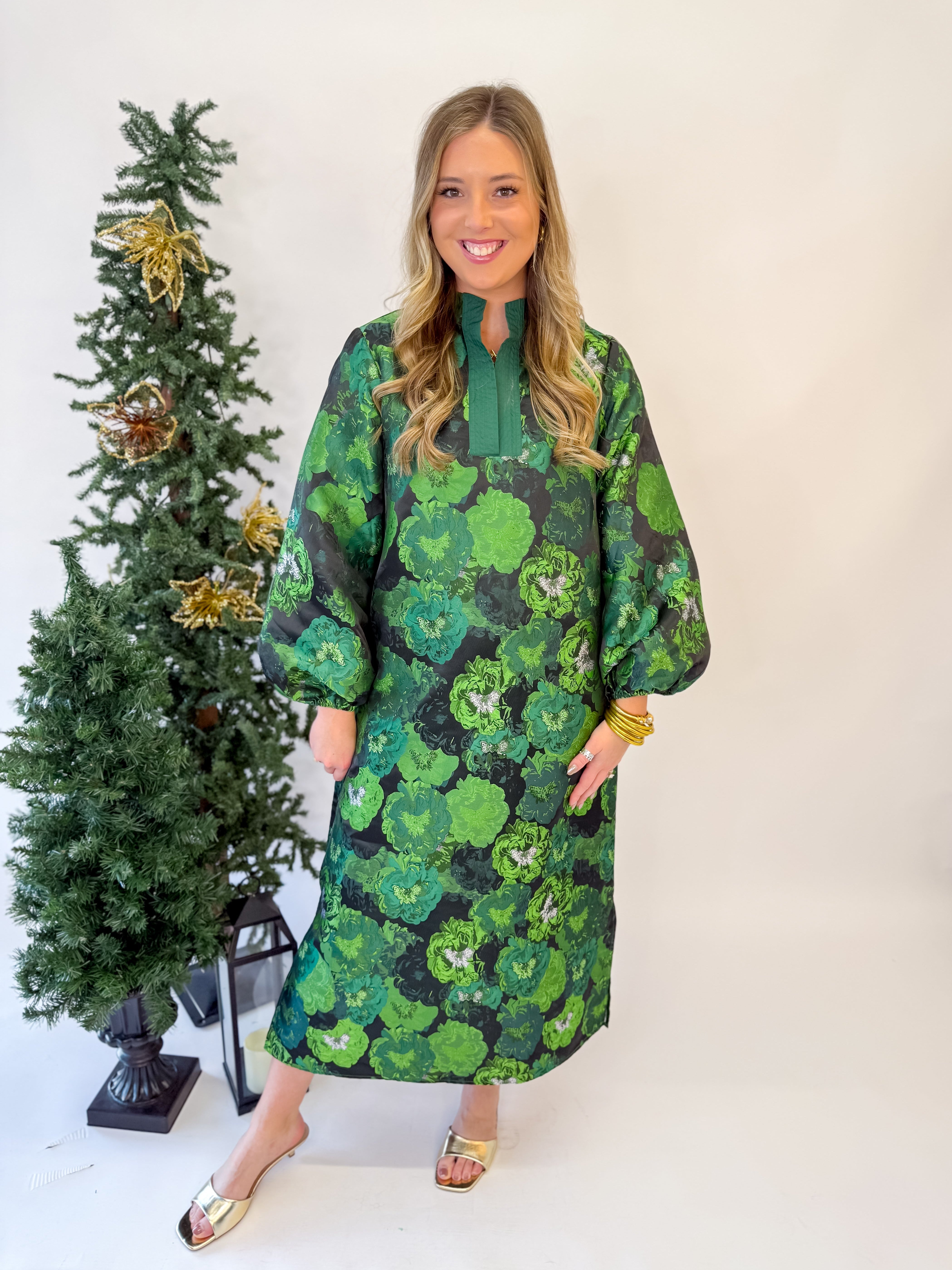 Floral Elegance Long Caftan-Green