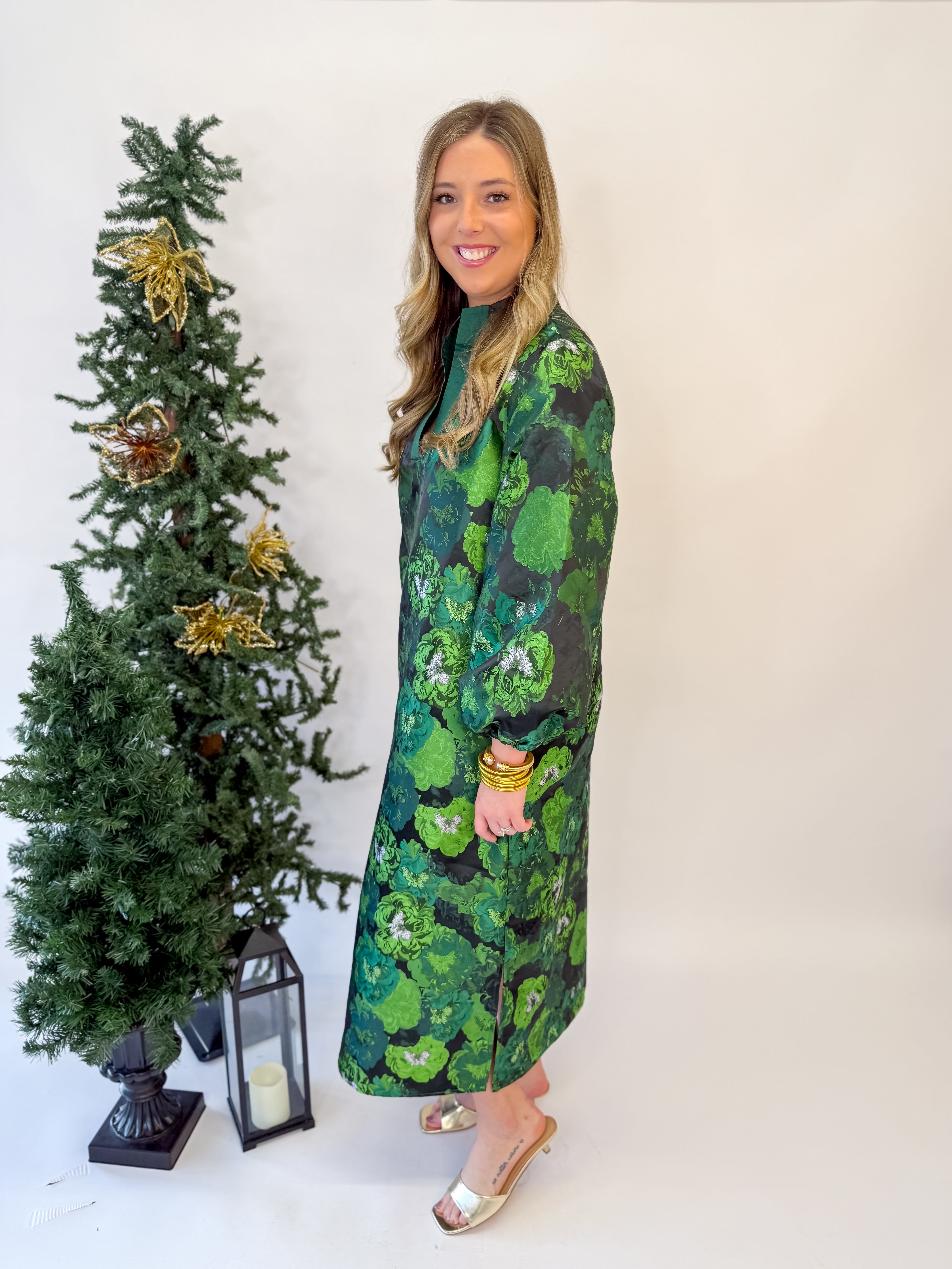 Floral Elegance Long Caftan-Green