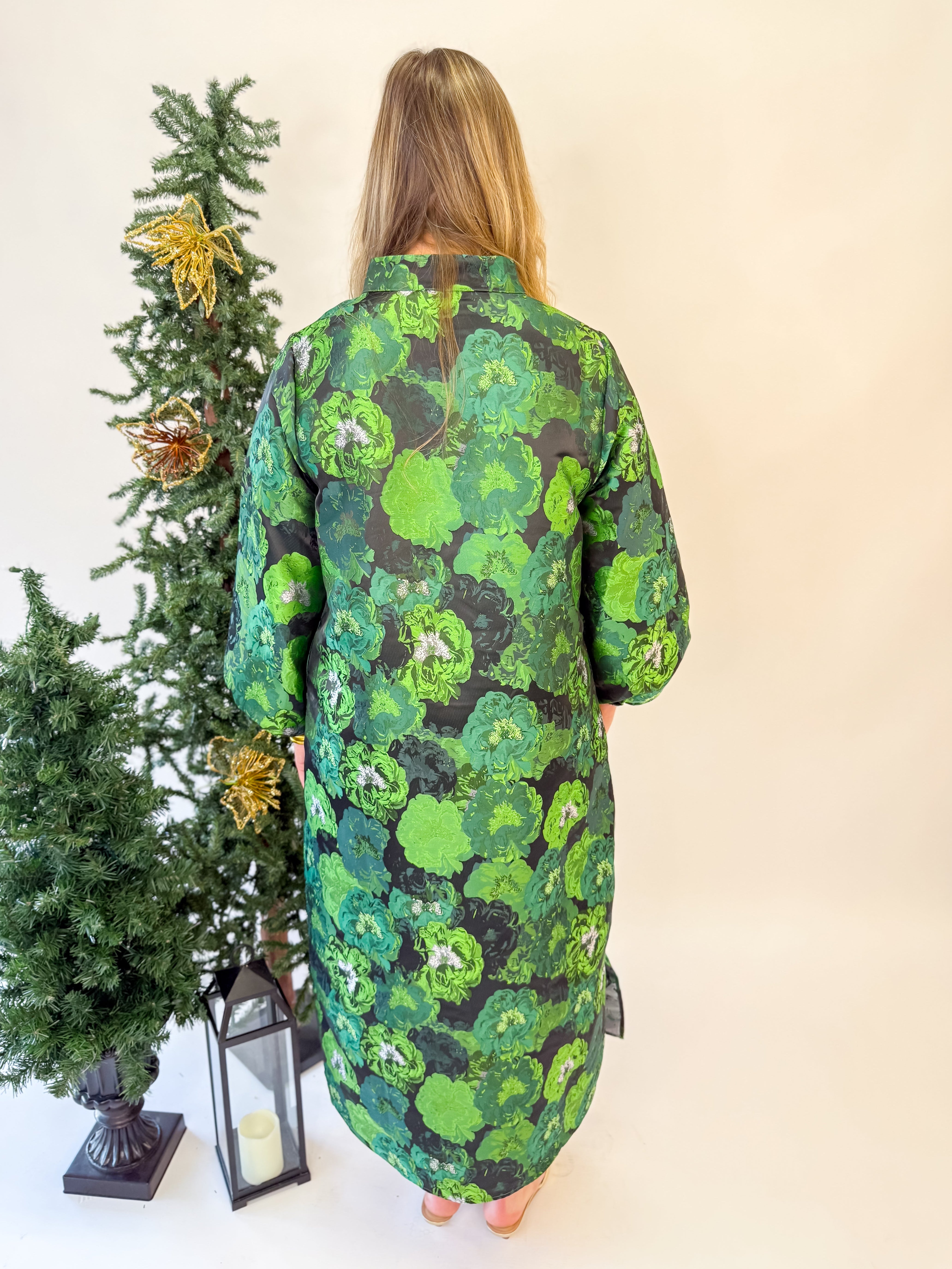 Floral Elegance Long Caftan-Green