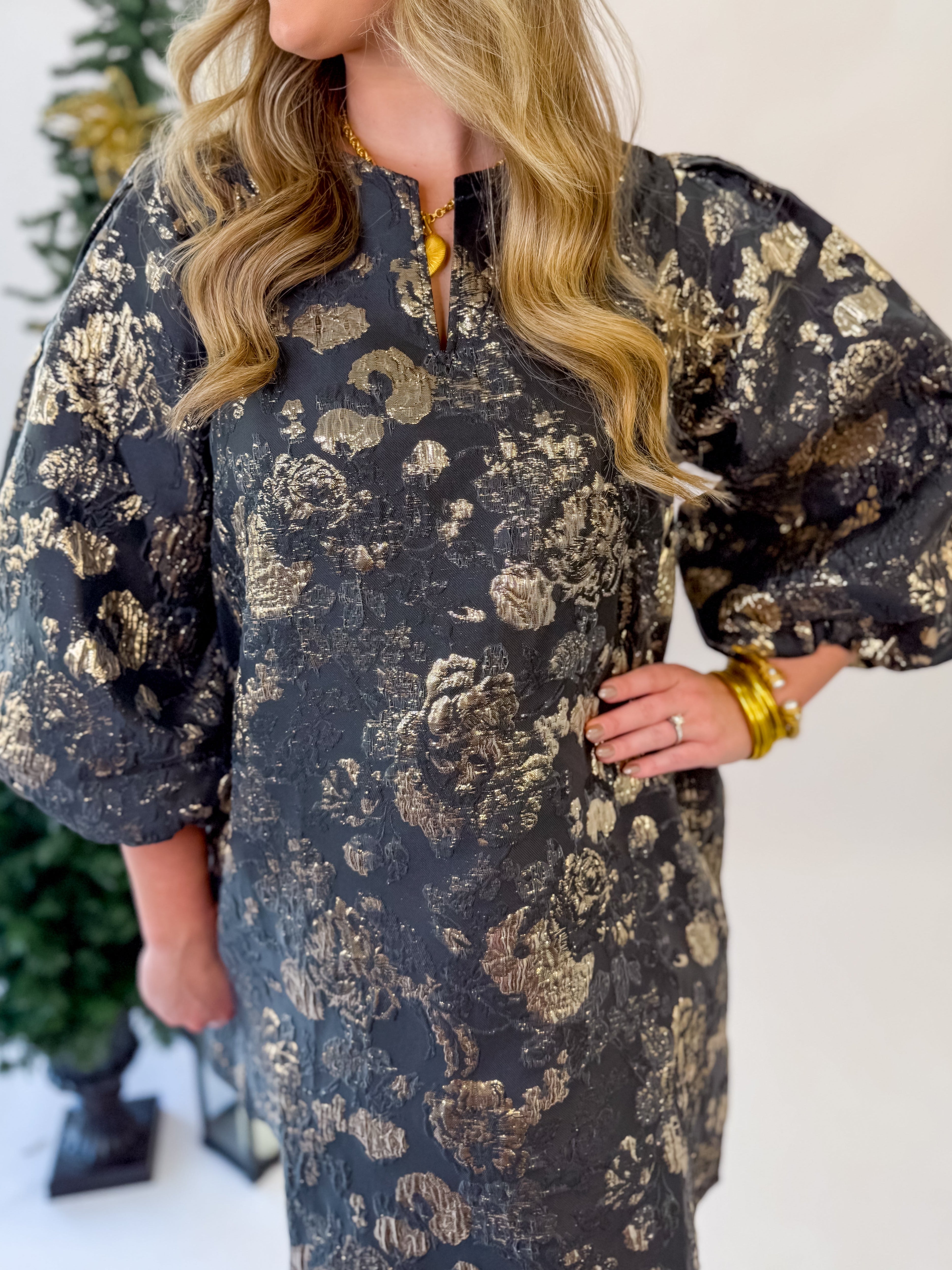 Floral Elegance Jacquard Mini Dress-Black