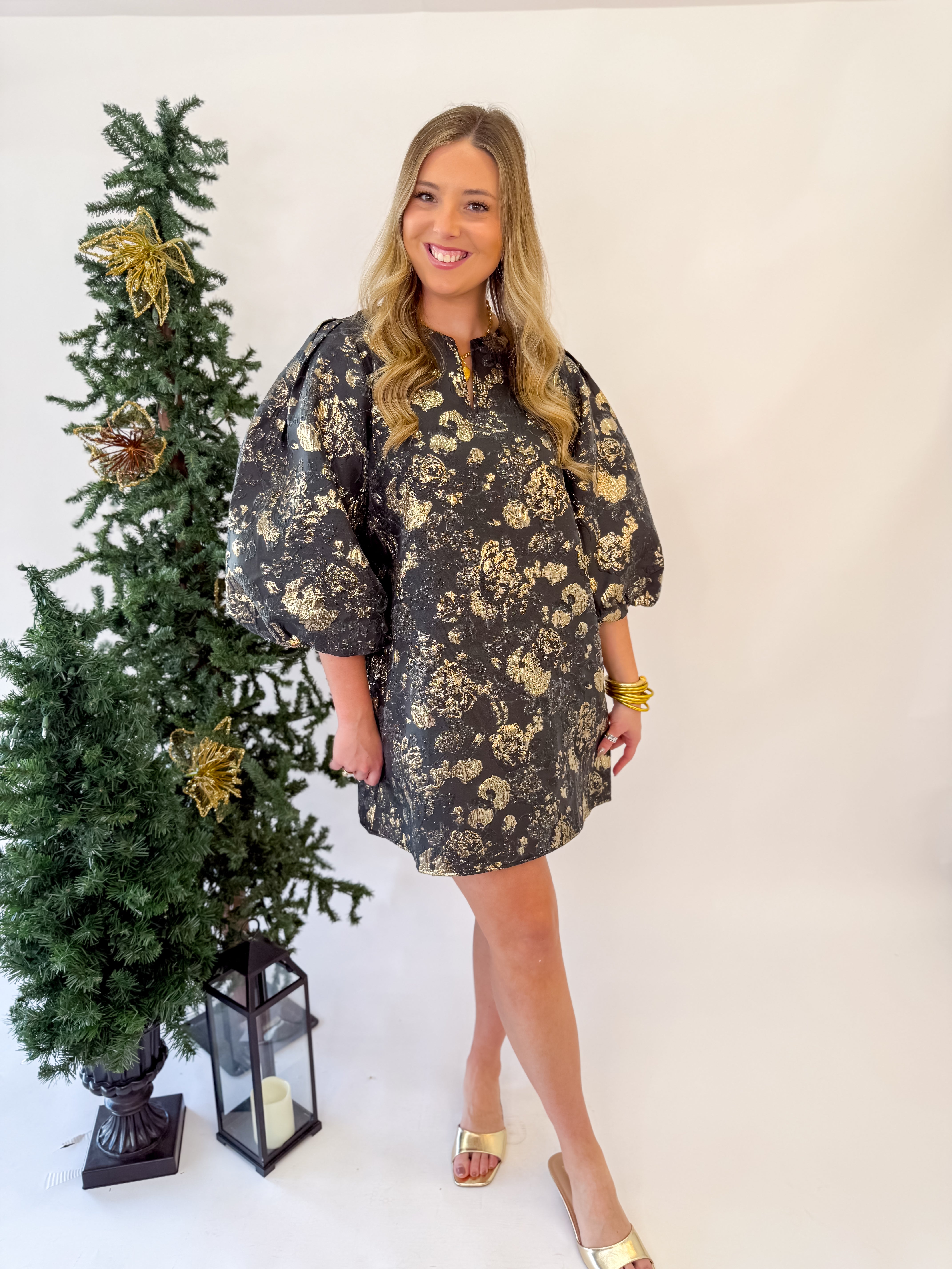 Floral Elegance Jacquard Mini Dress-Black