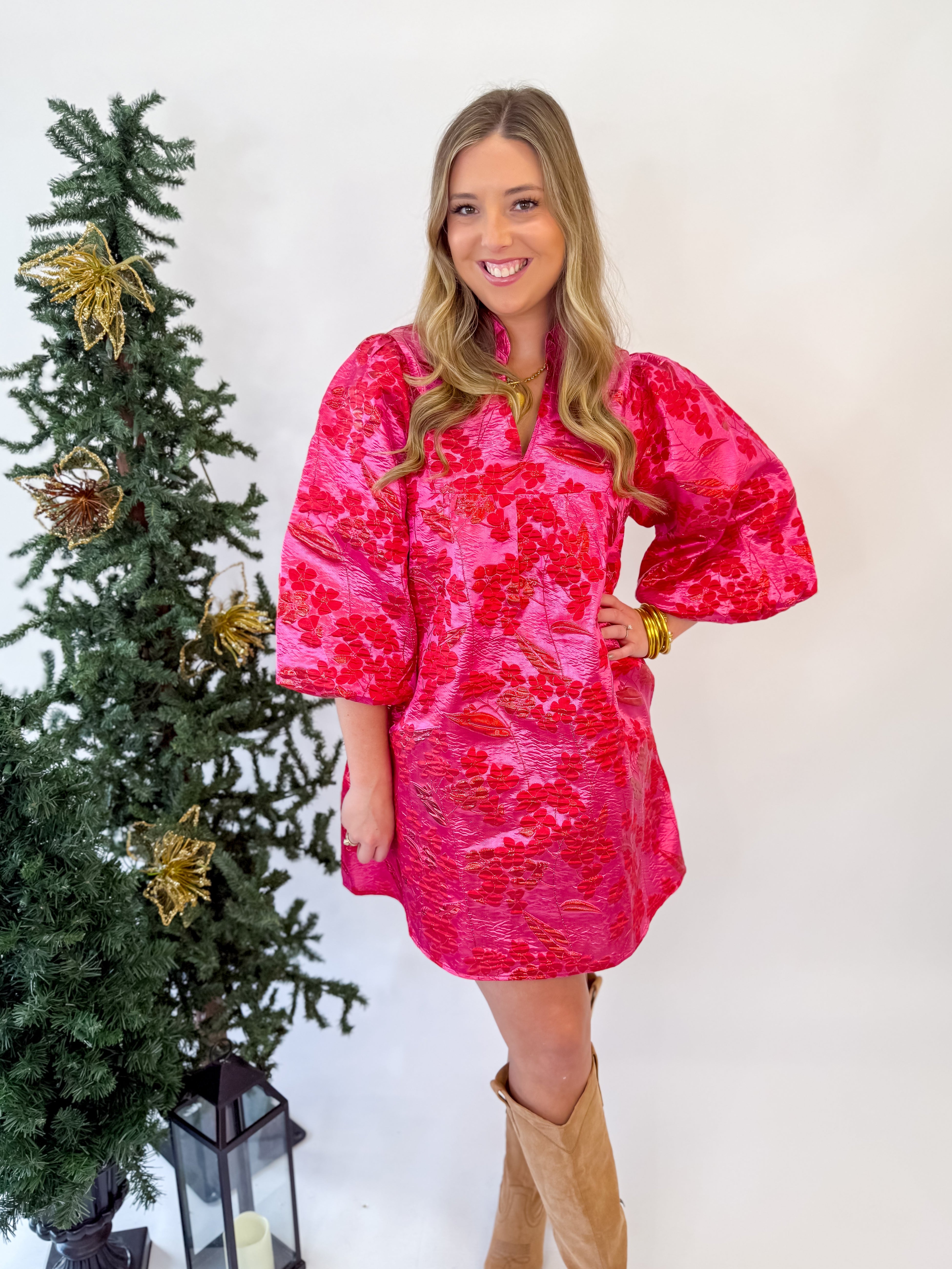 Floral Elegance Mini Caftan-Hot Pink