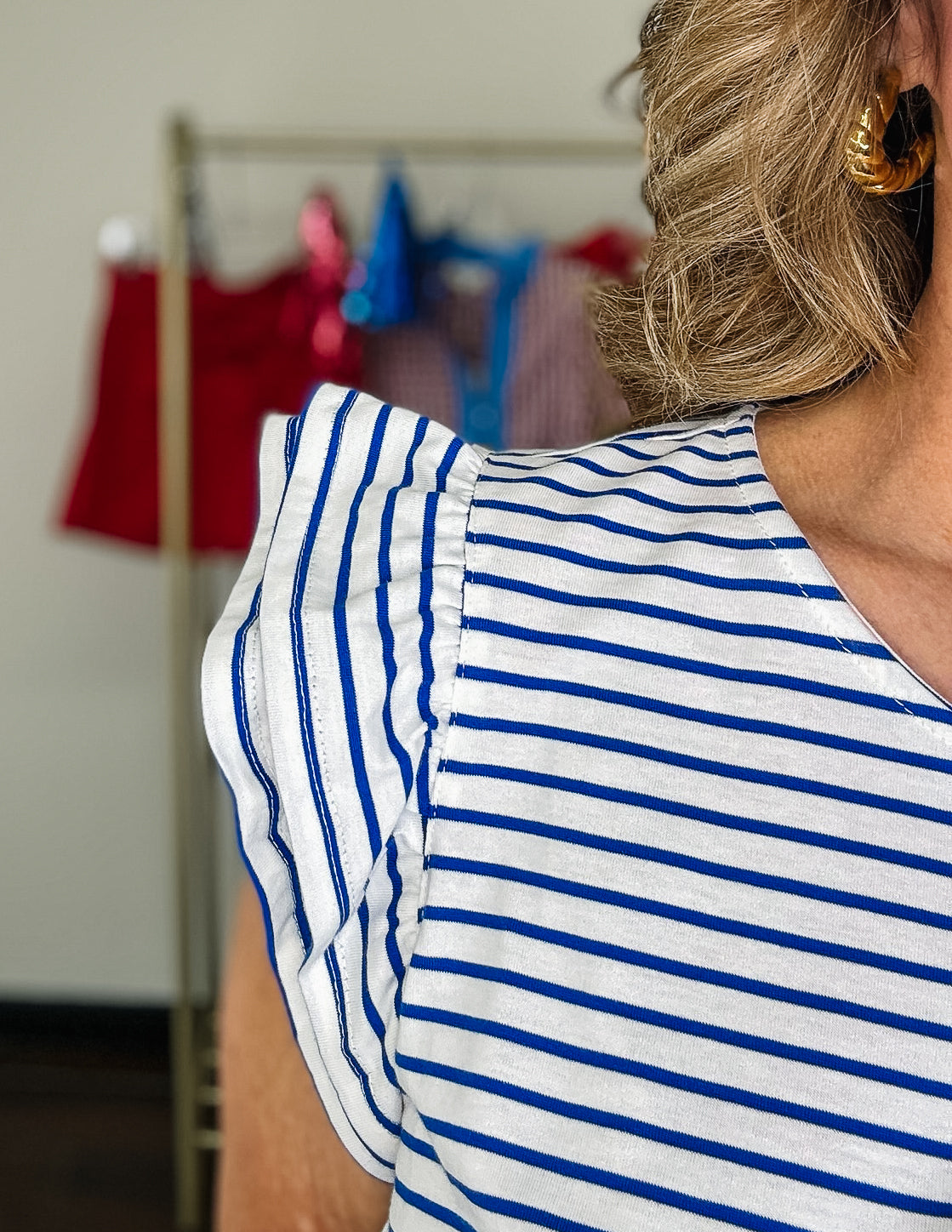Flutter Sleeve Striped Tee - White & Blue
