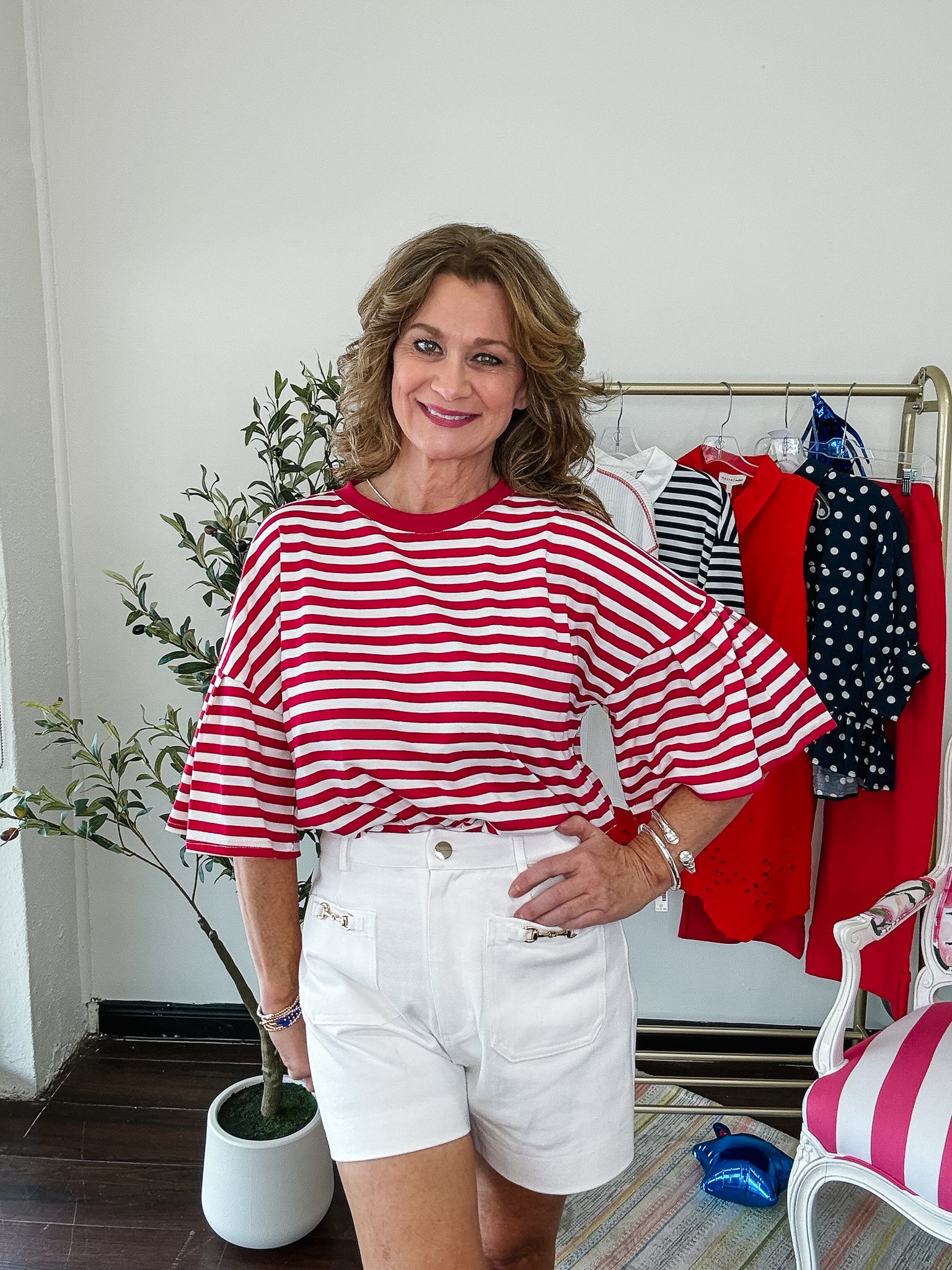 Red Stripe Flutter Sleeve Tee