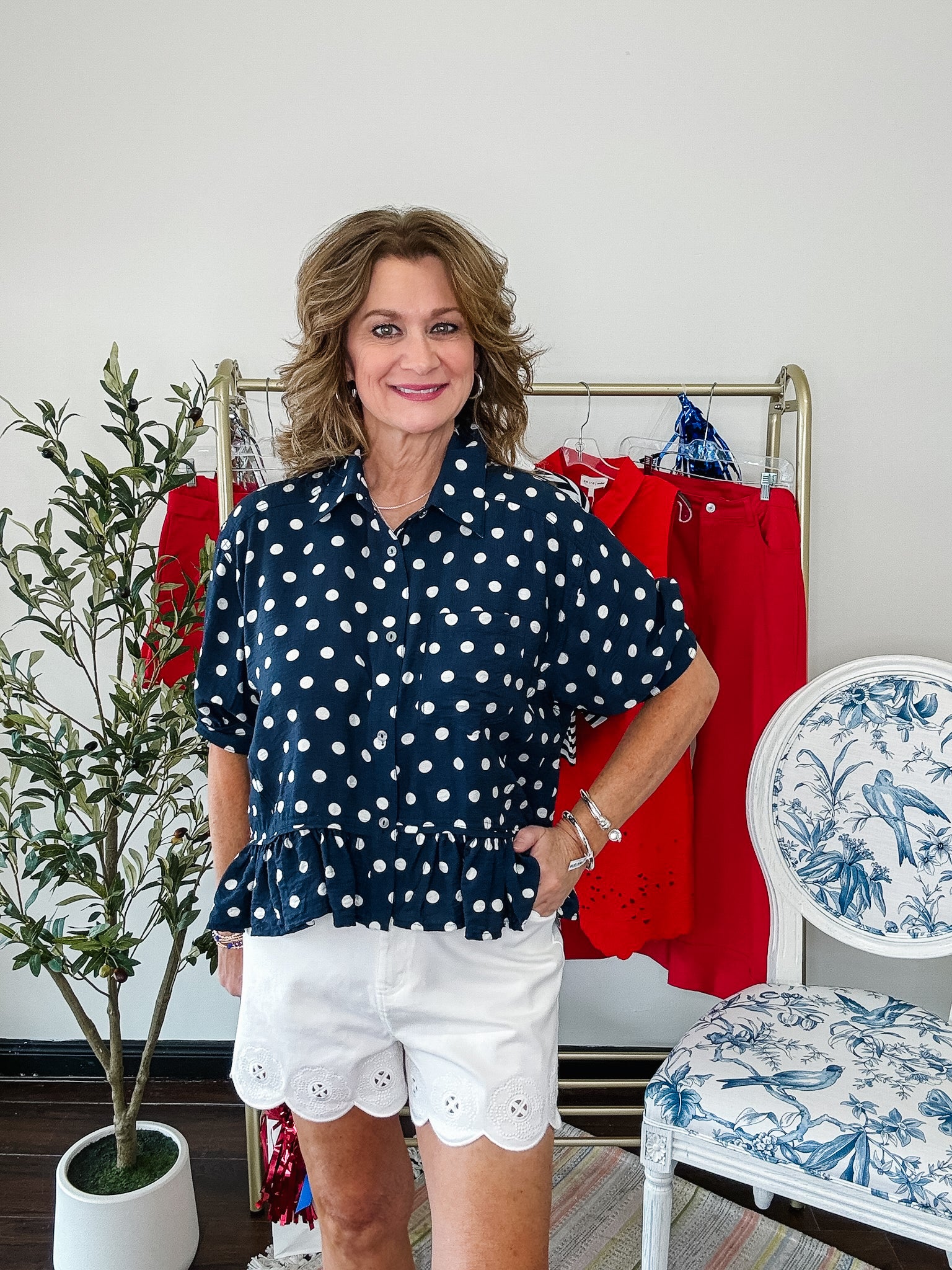 Polka Dot Button Down-Navy