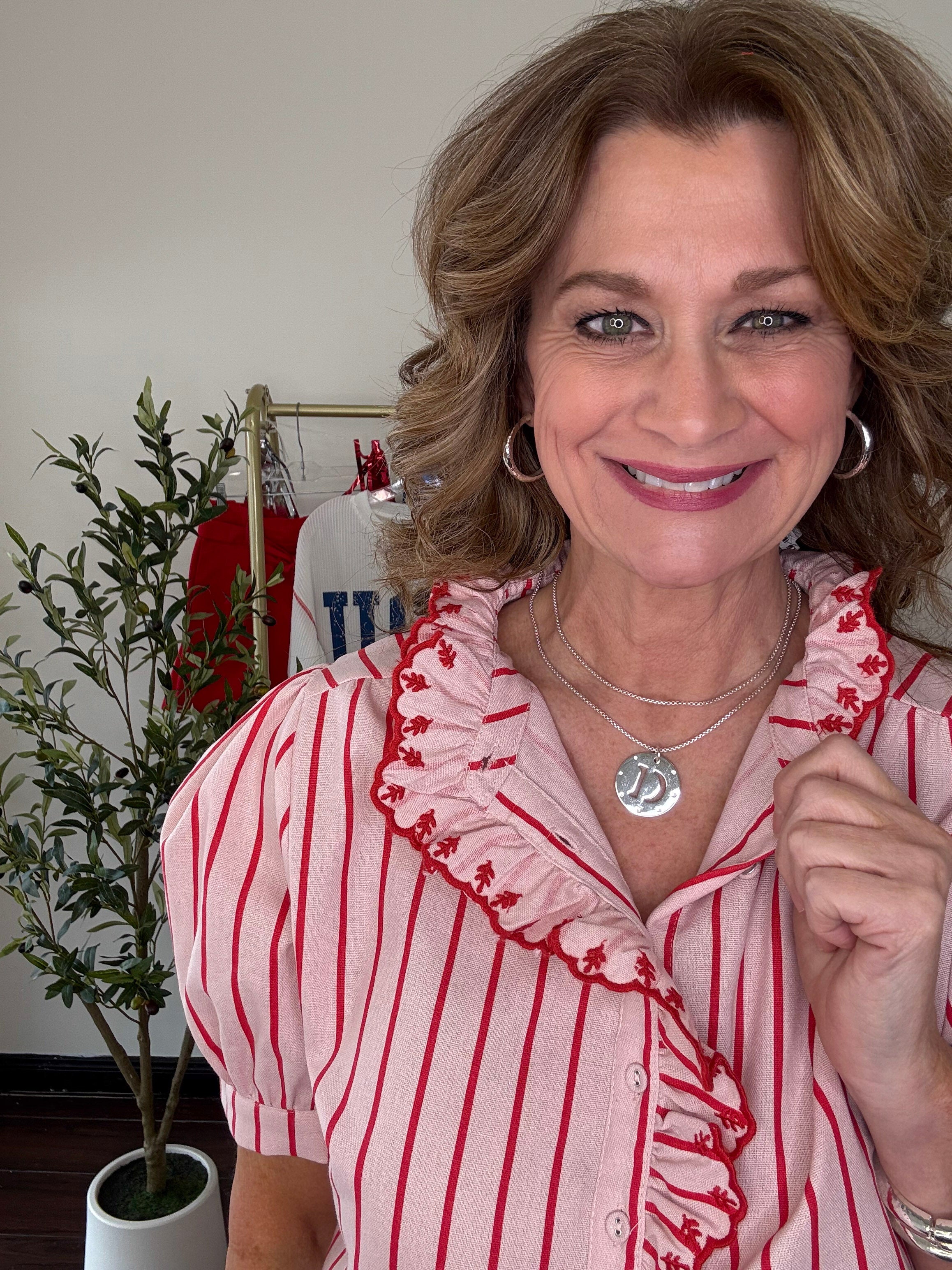 Sweet Stripe Ruffle Button Blouse- Red