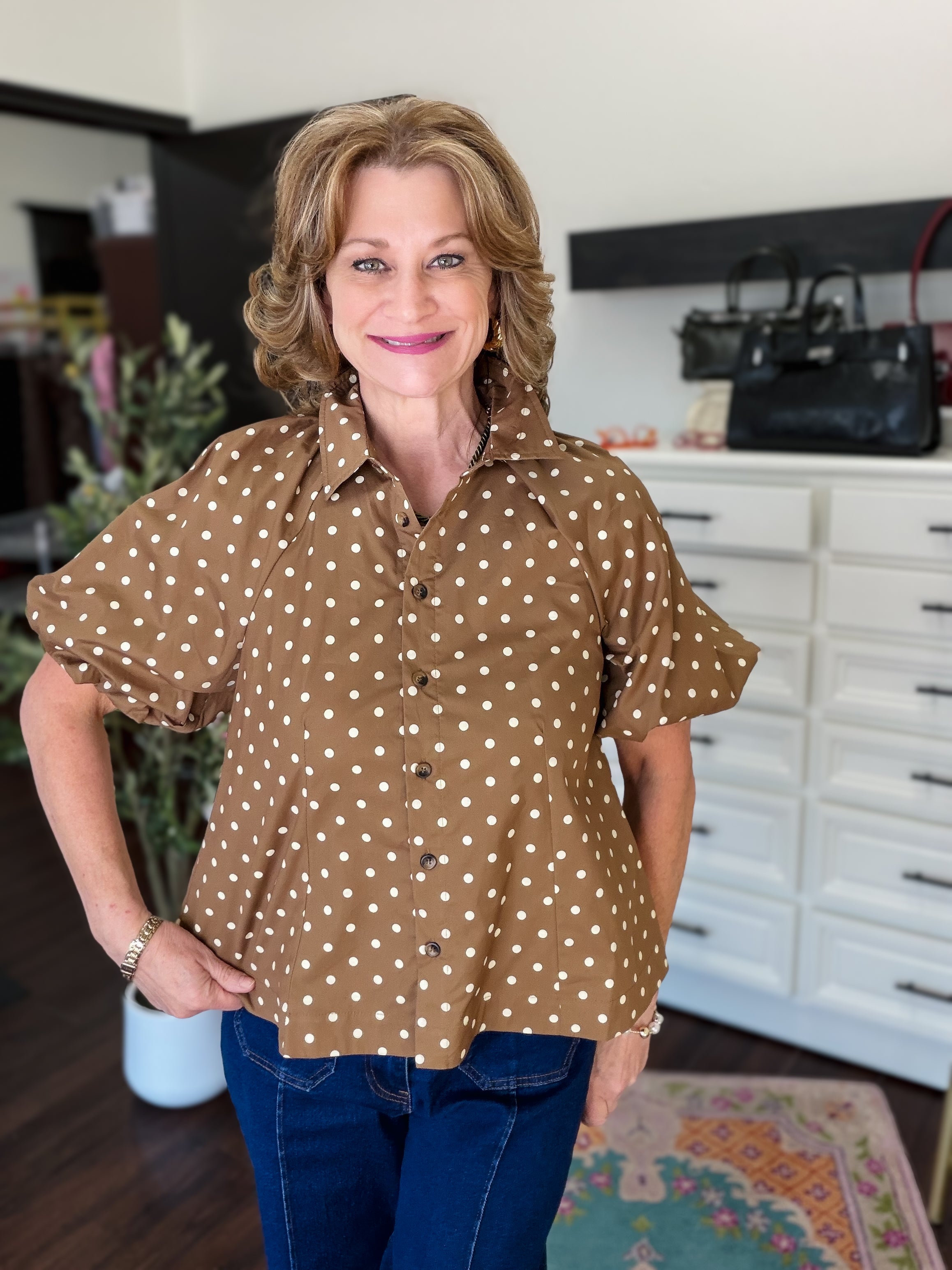 Polka Dot Puff Sleeve Top-Mocha Latte