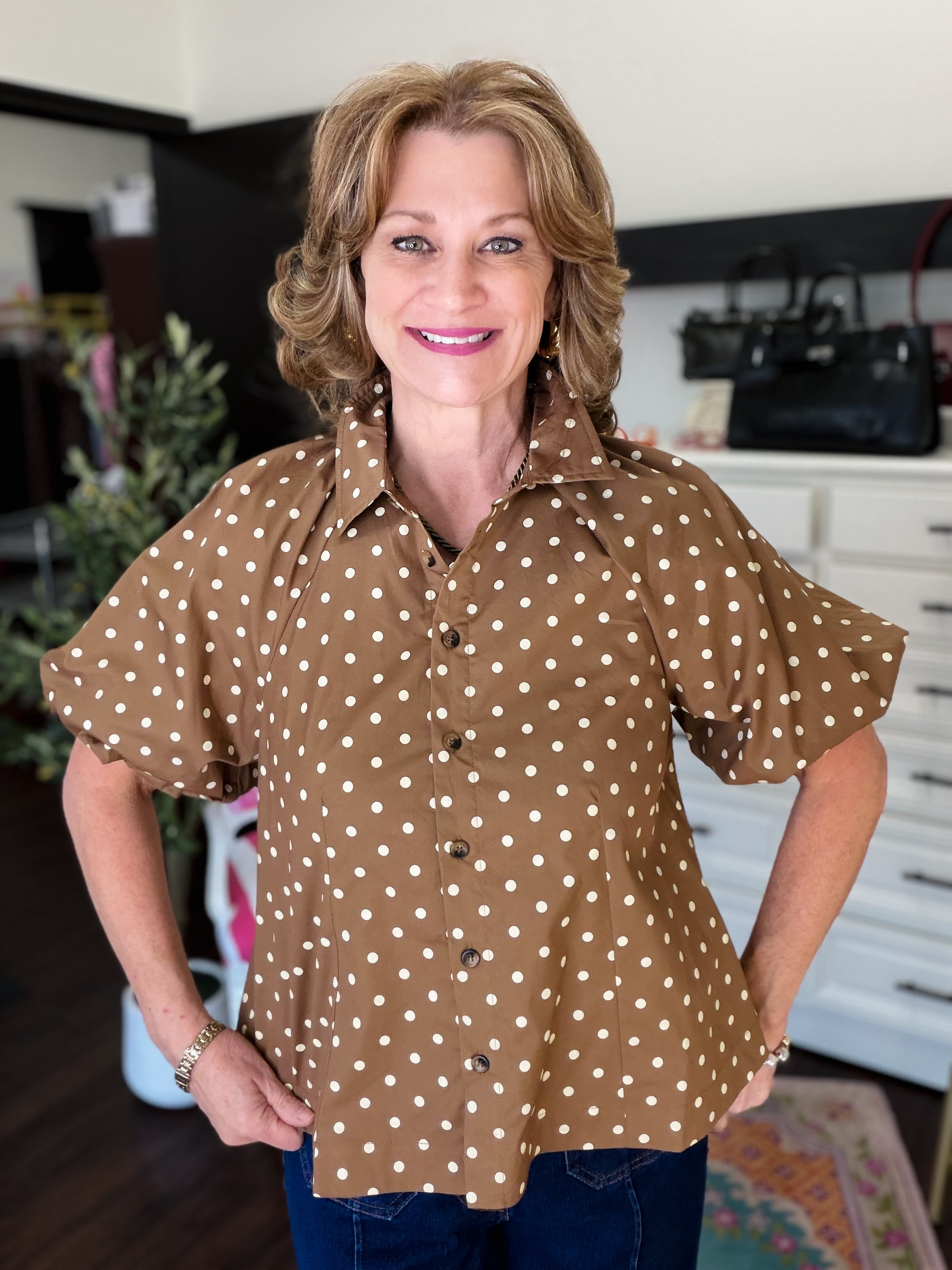 Polka Dot Puff Sleeve Top-Mocha Latte