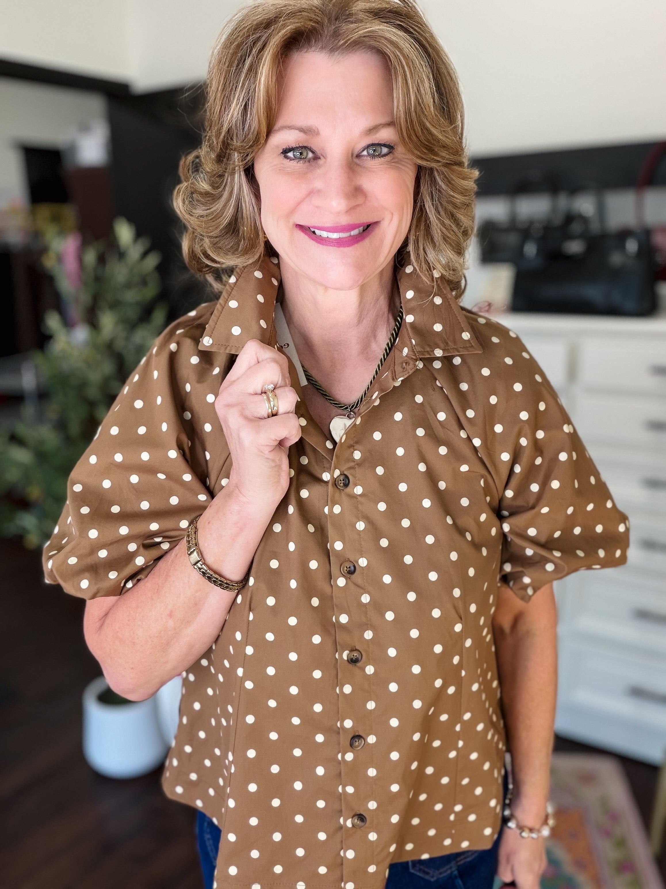 Polka Dot Puff Sleeve Top-Mocha Latte