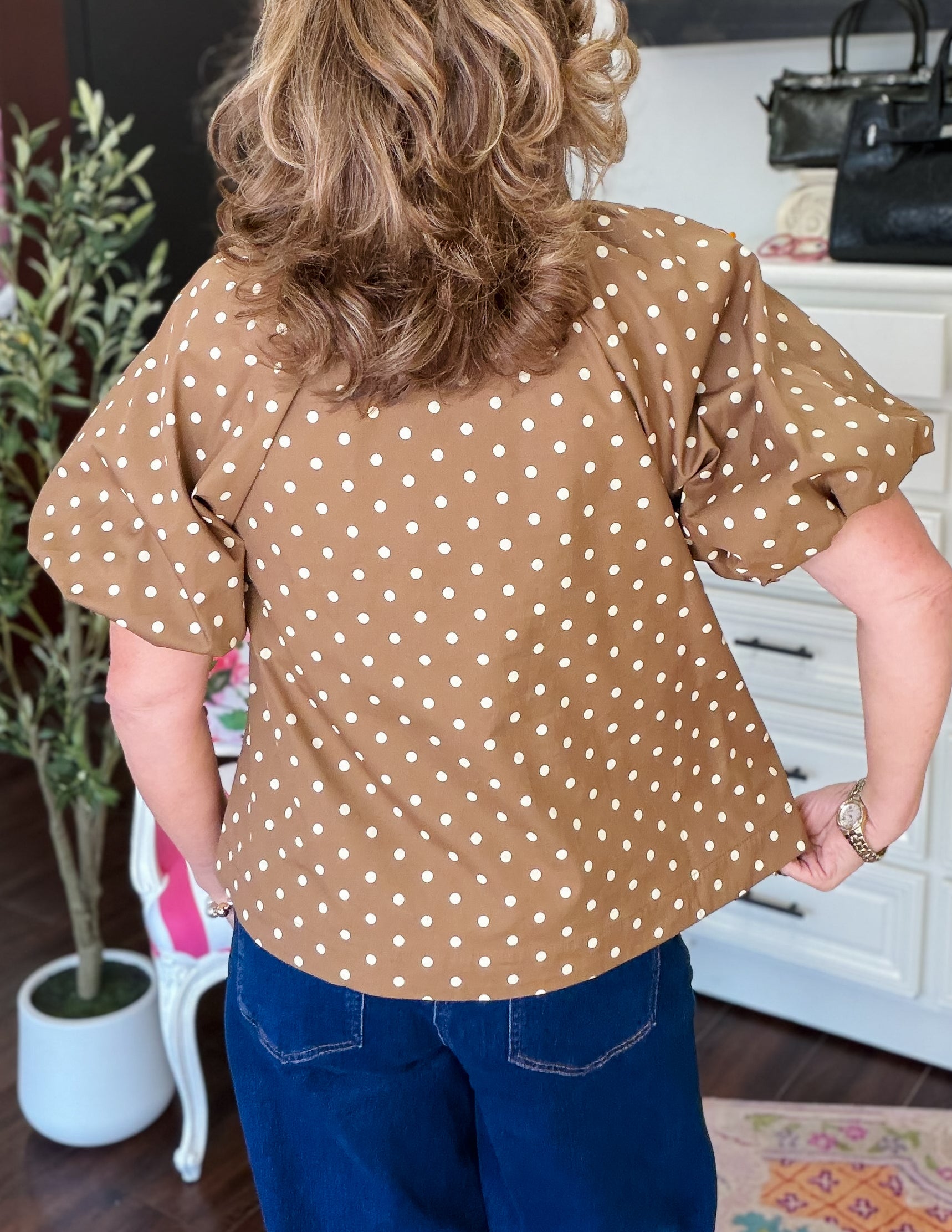 Polka Dot Puff Sleeve Top-Mocha Latte