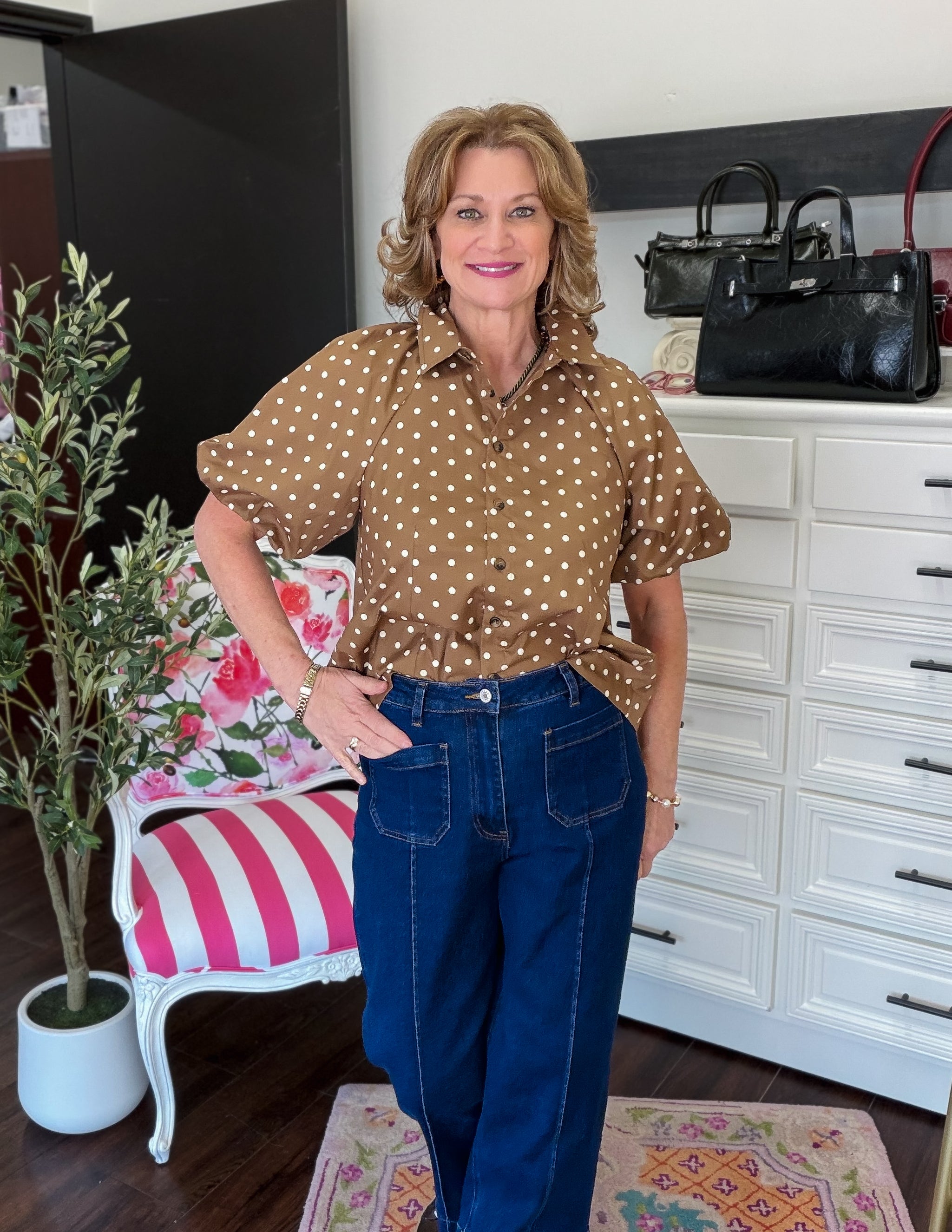 Polka Dot Puff Sleeve Top-Mocha Latte