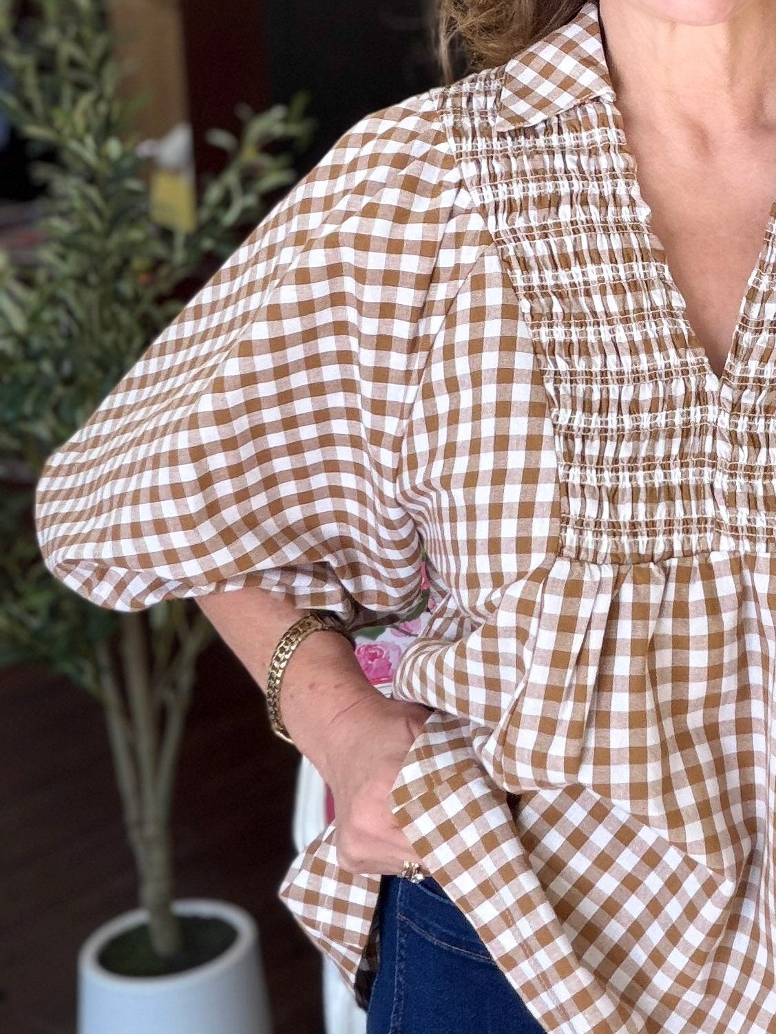 The Ruth Gingham Blouse-Brown