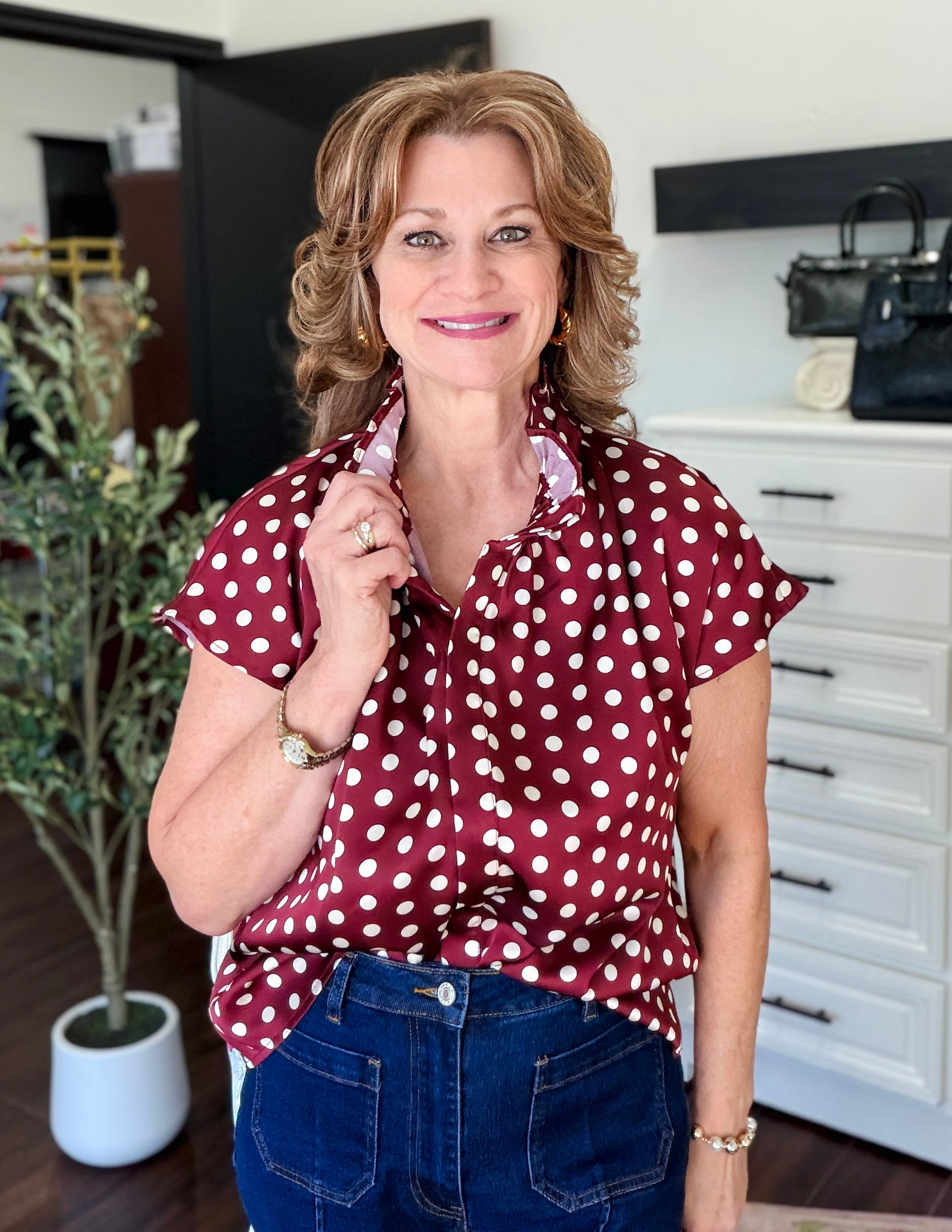 Short Sleeve Polka Dot Blouse-Wine