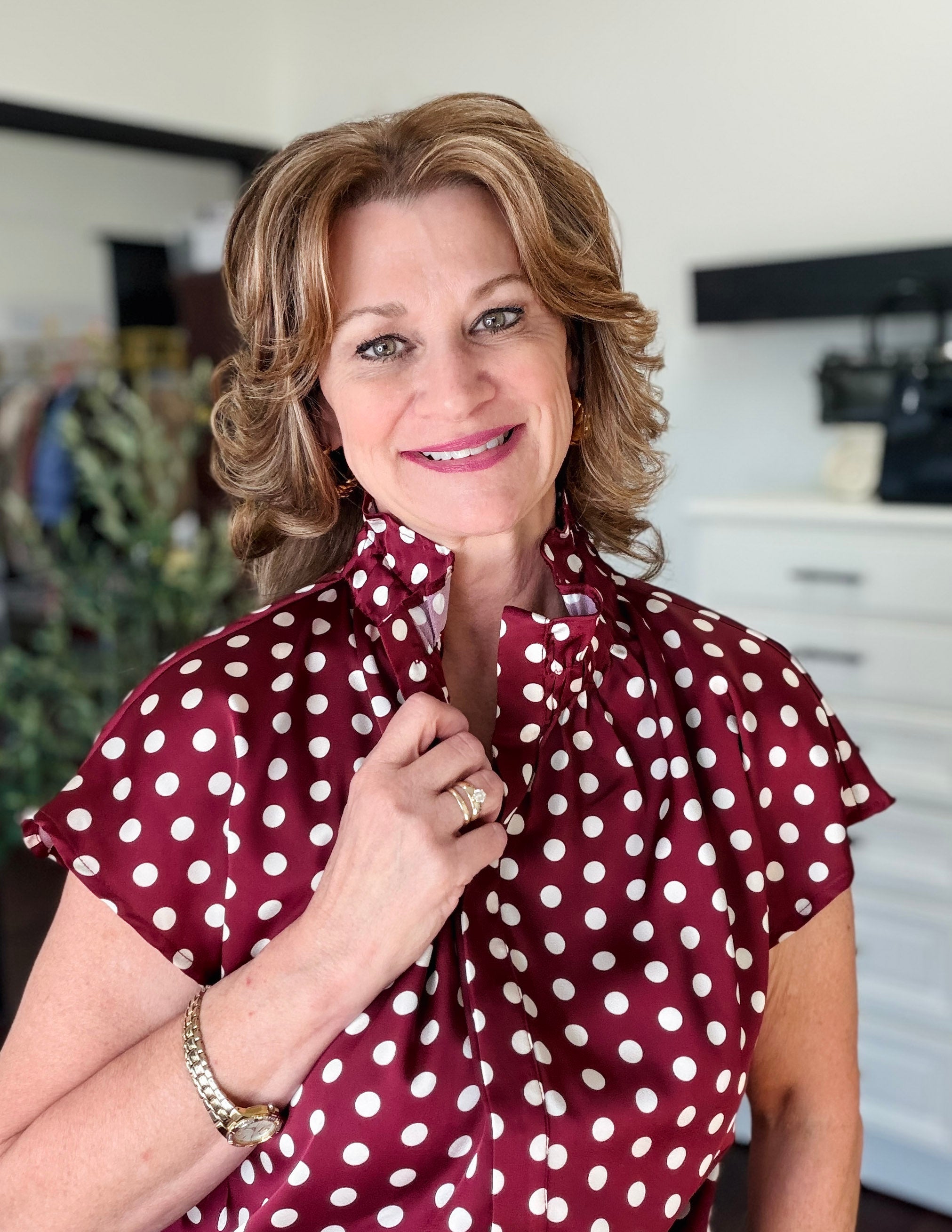 Short Sleeve Polka Dot Blouse-Wine