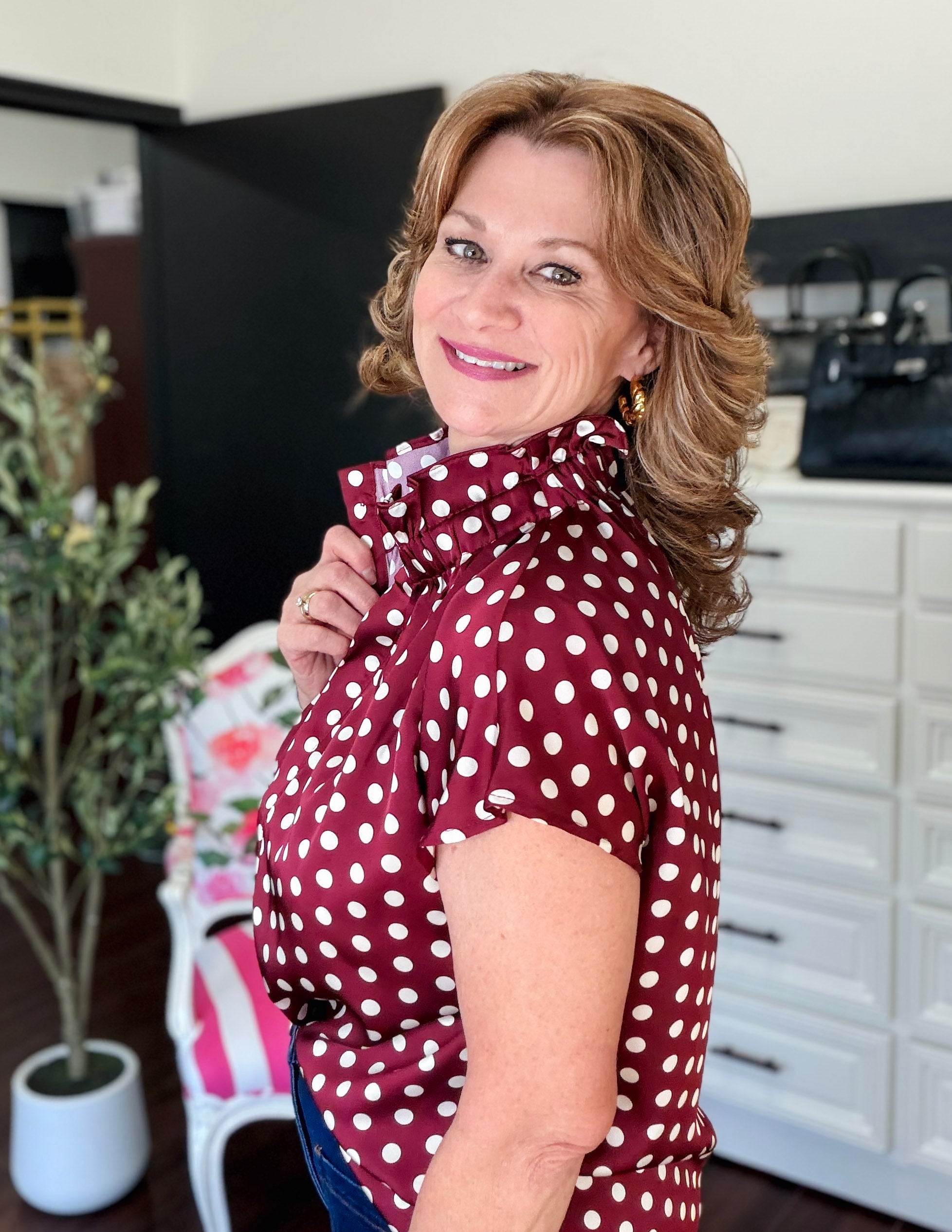 Short Sleeve Polka Dot Blouse-Wine