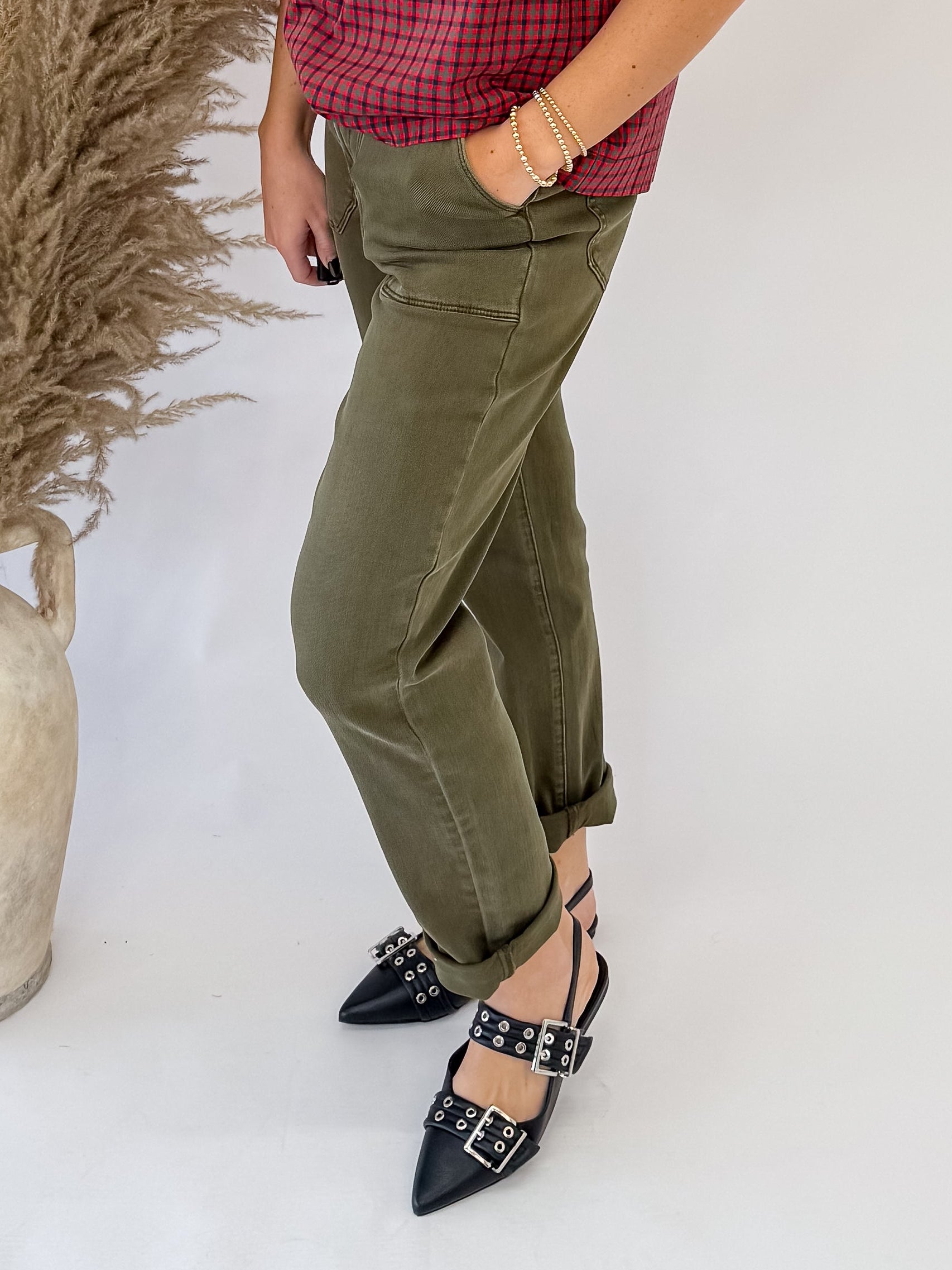 [Judy Blue] Aurora High Waist  Garment Dyed Cuffed Jean-Ankle- DK Forest