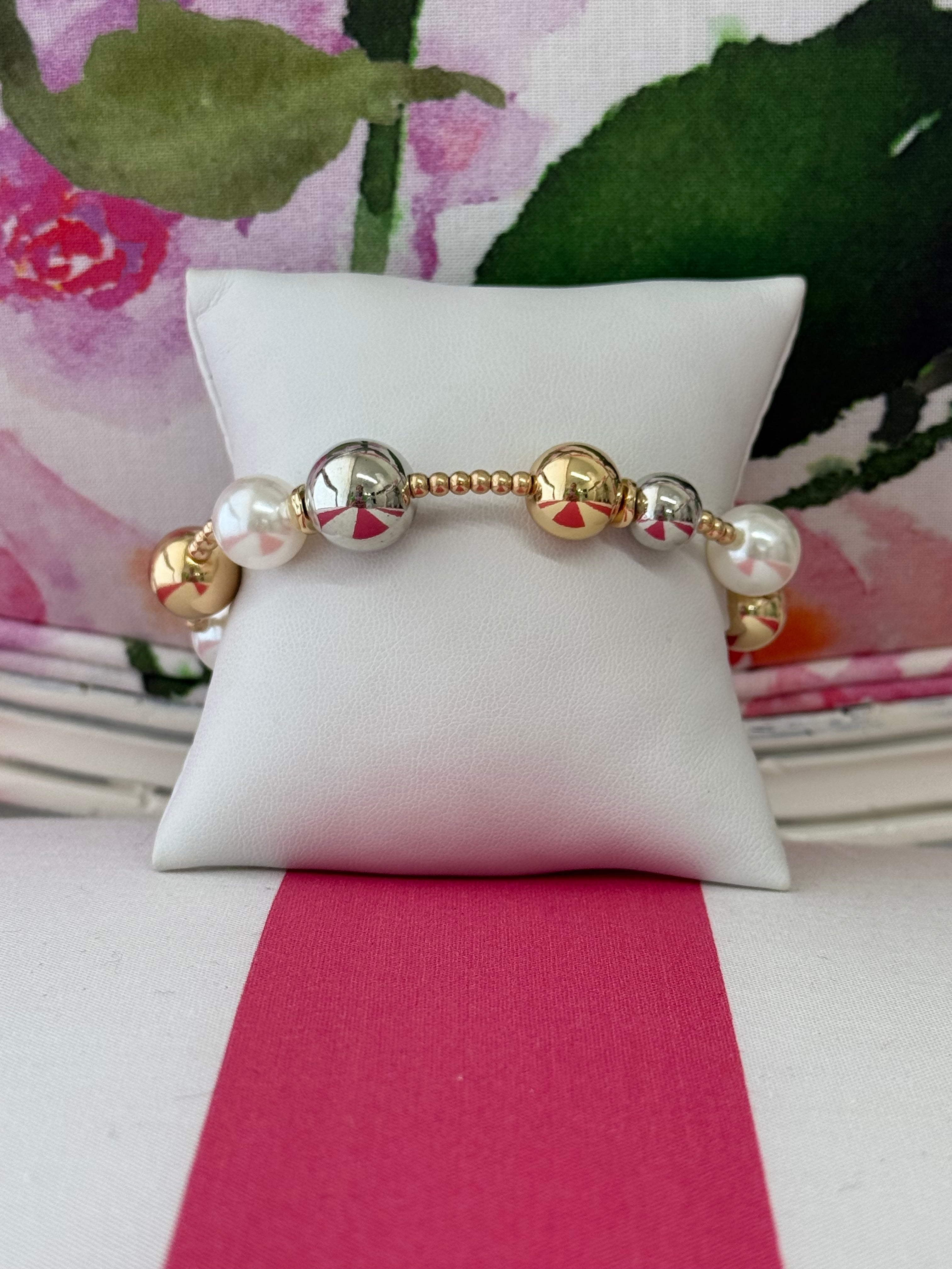 Tri-Color Beaded Bracelet-White, Gold, Silver