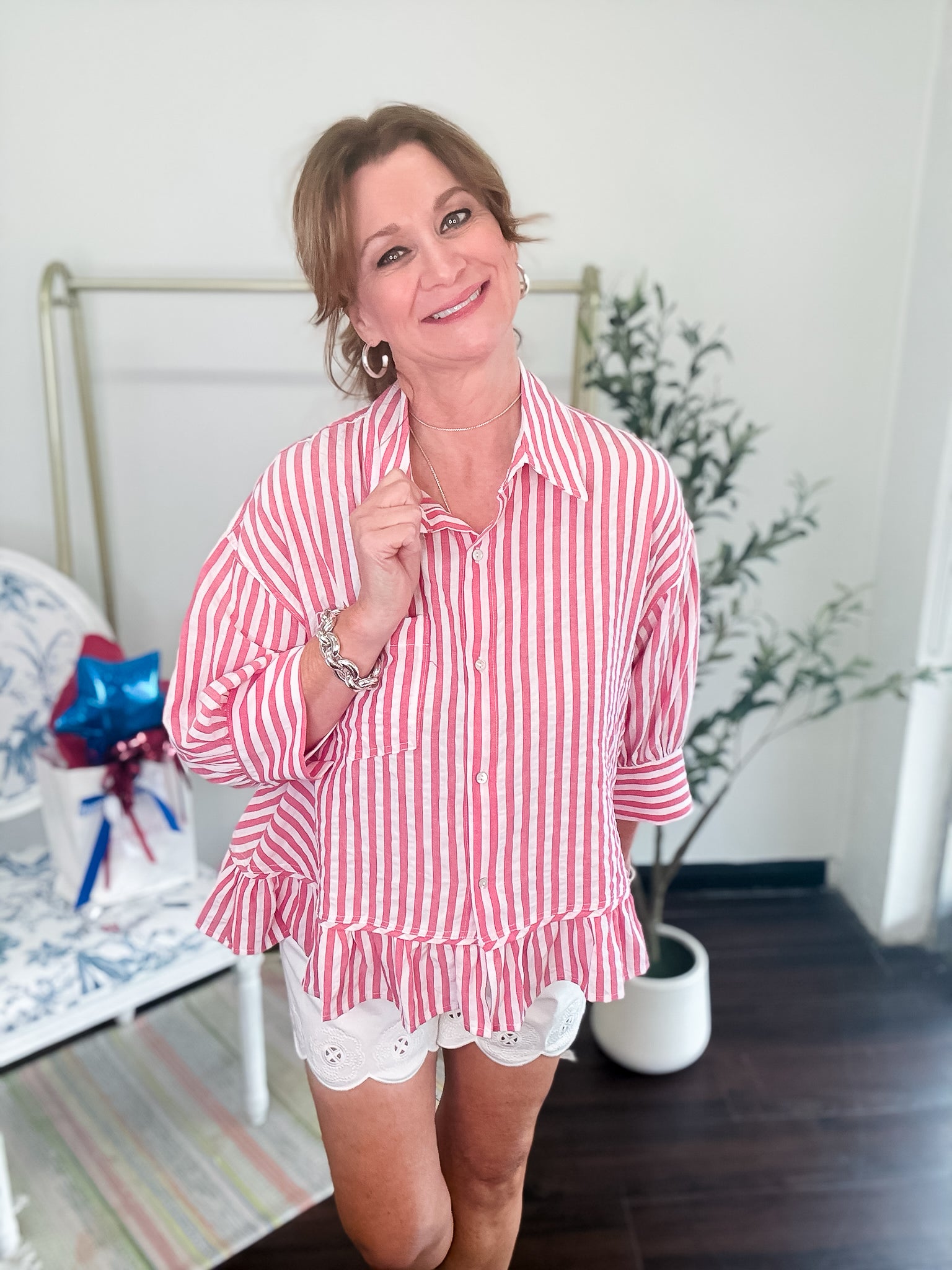 A Little Something Extra Striped Button Down - Red
