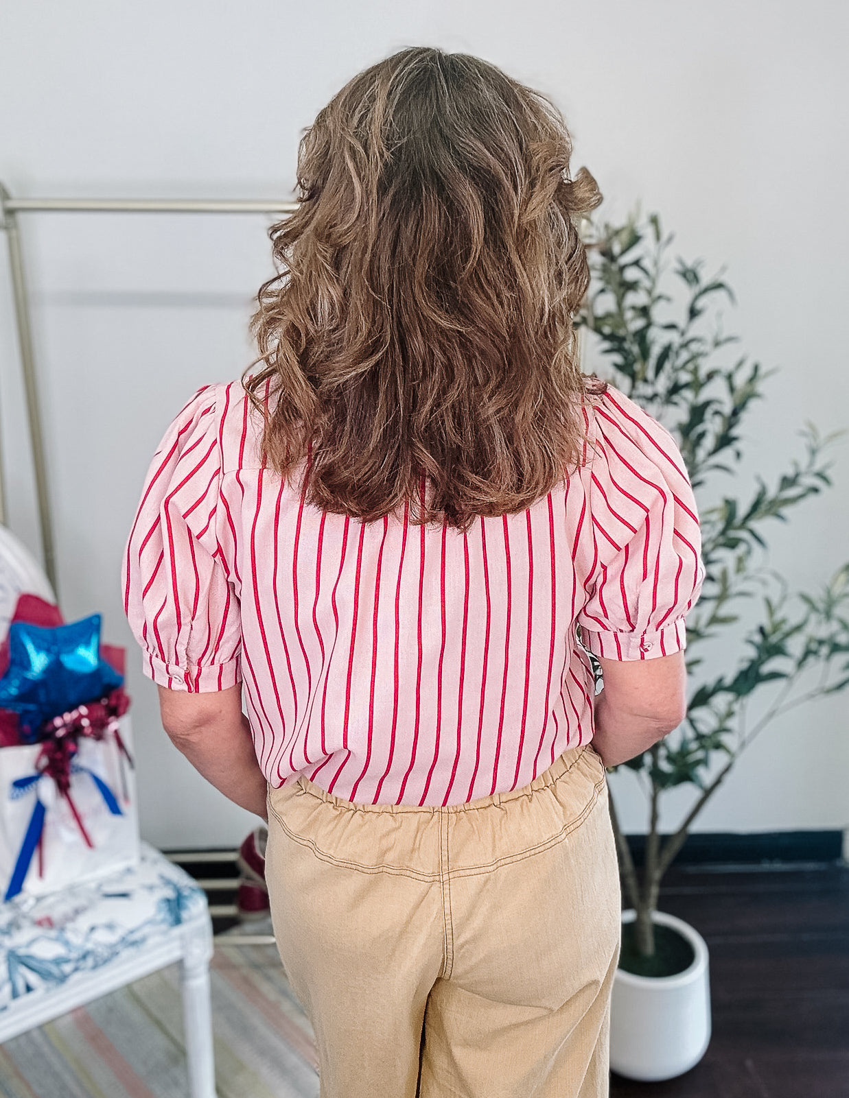 Sweet Stripe Ruffle Button Blouse- Red