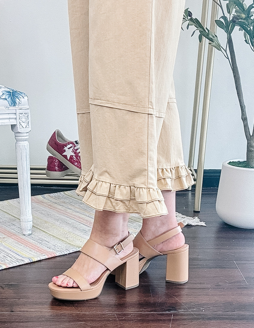 Ruffle Hem Cropped Denim Pants - Taupe