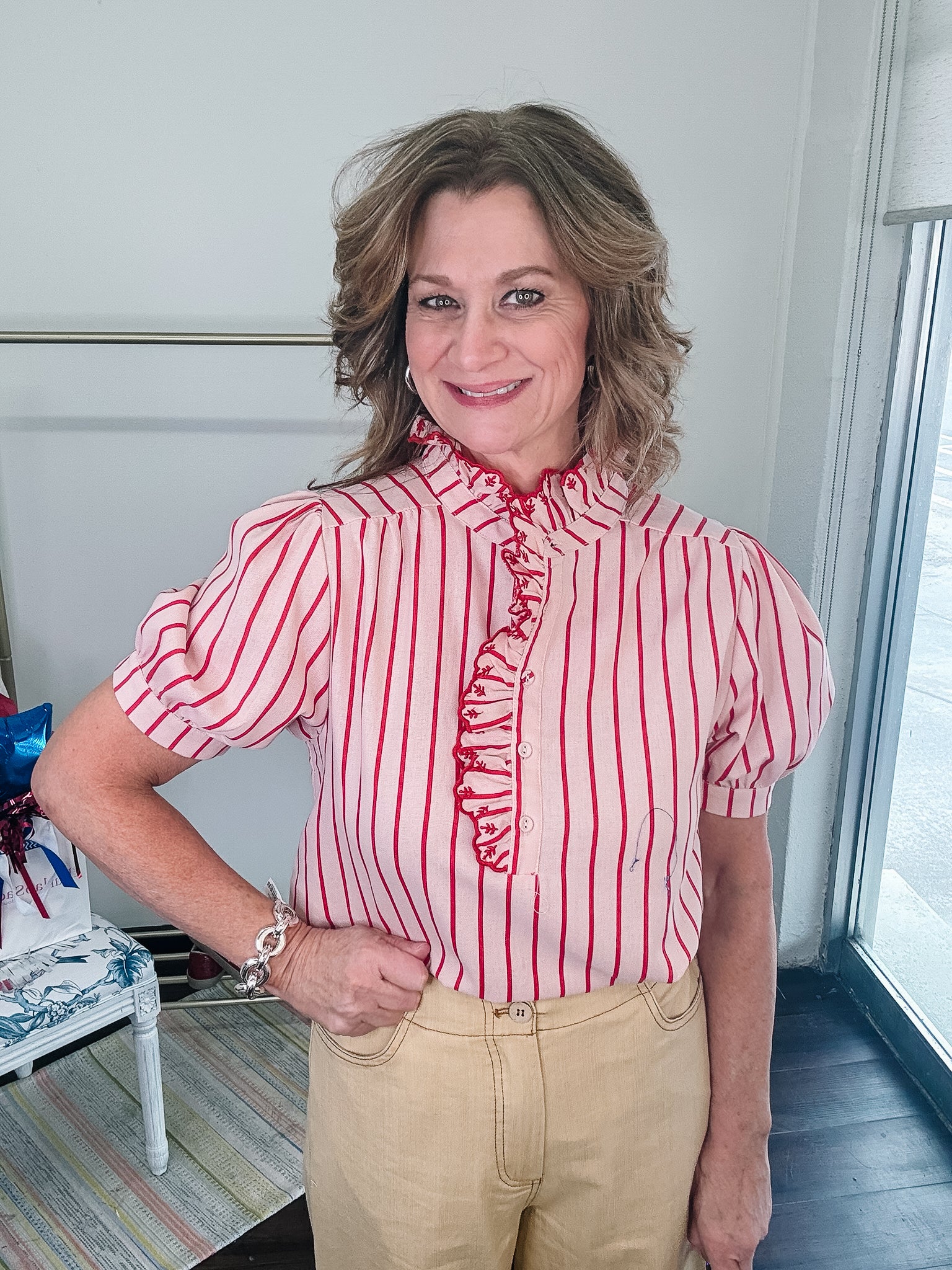Sweet Stripe Ruffle Button Blouse- Red