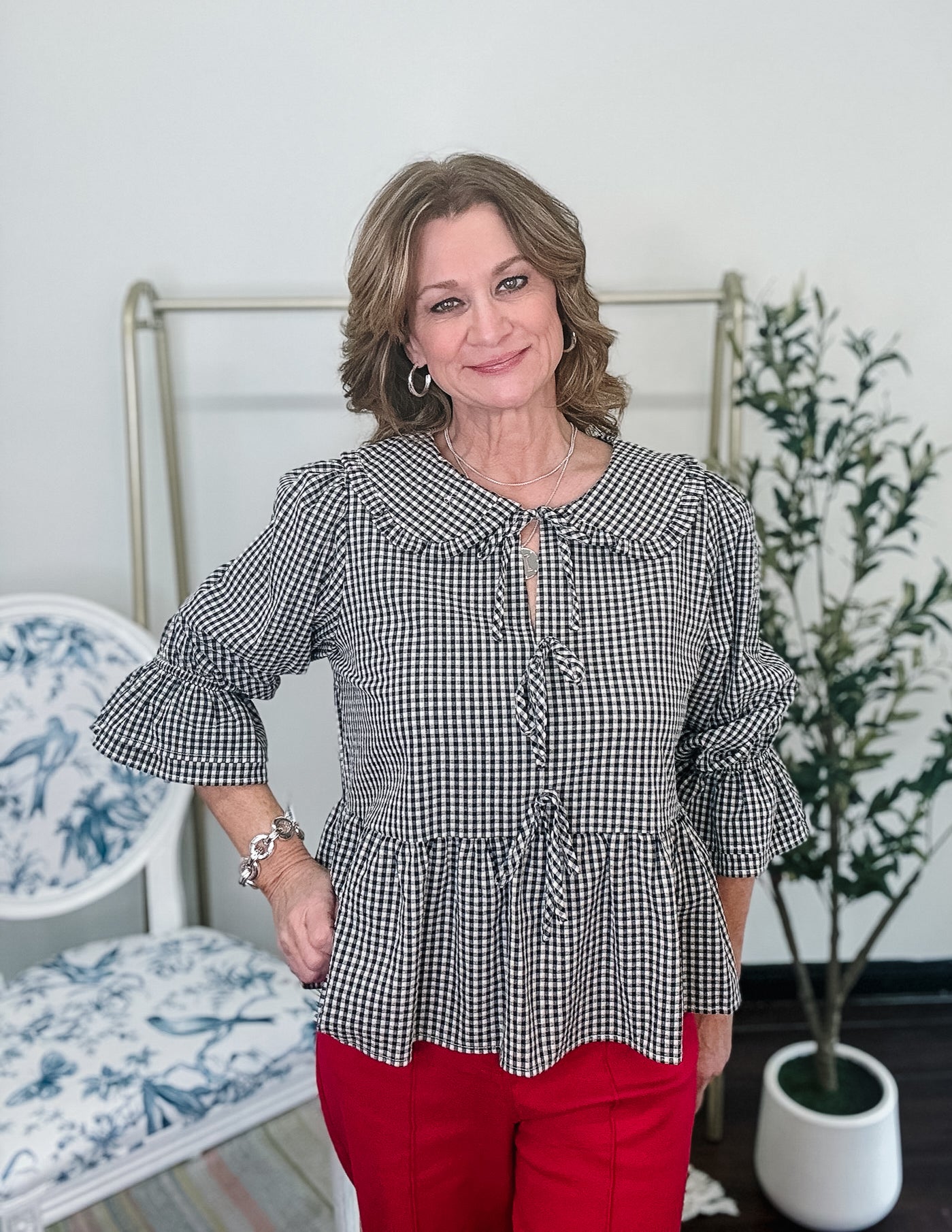 Black Gingham Peasant Top