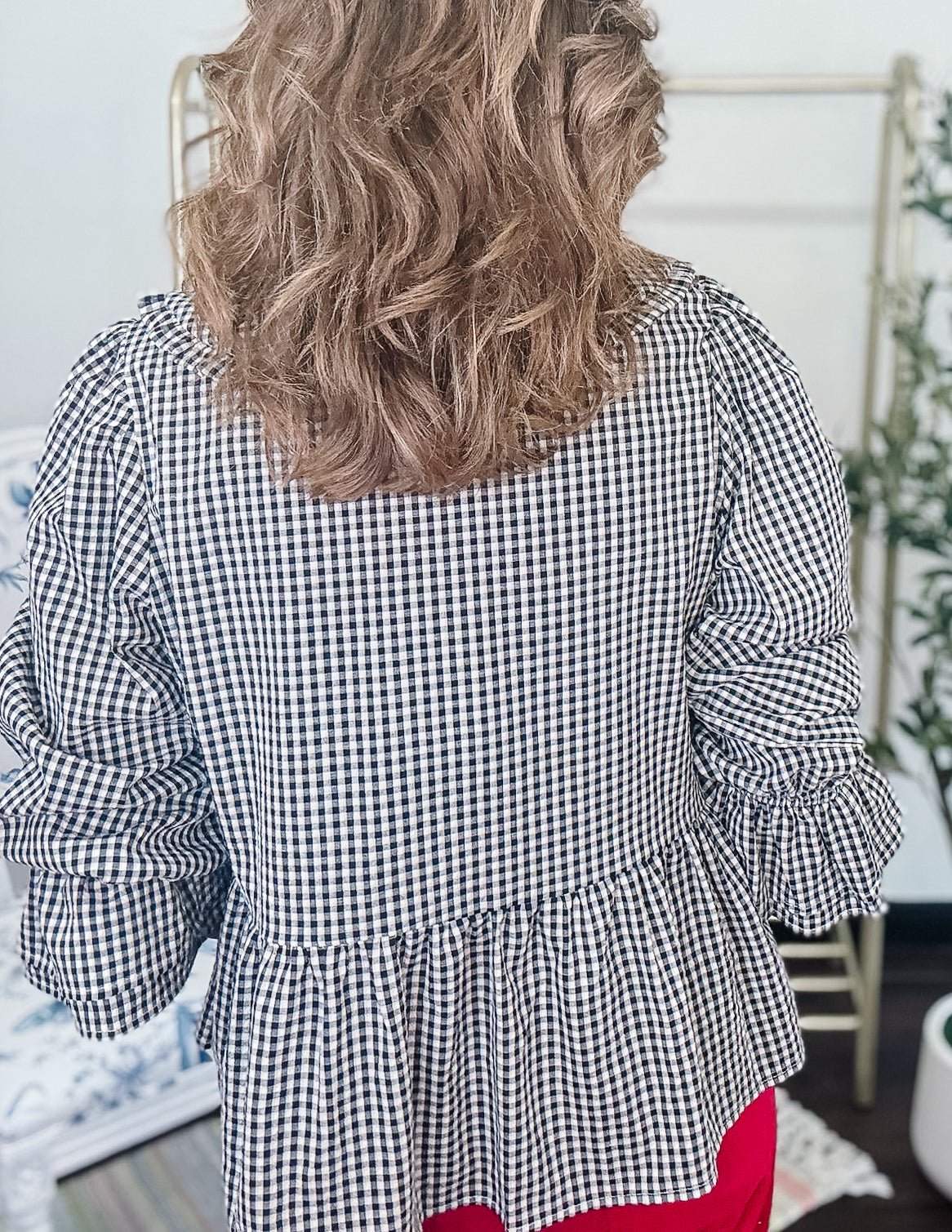 Black Gingham Peasant Top