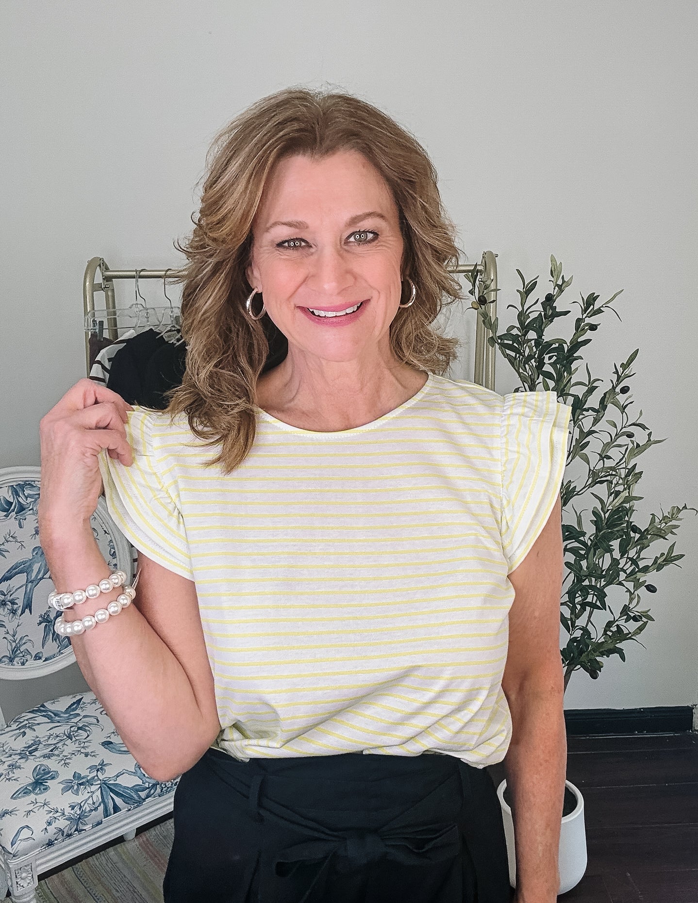Flutter Sleeve Striped Tee - White & Neon Yellow