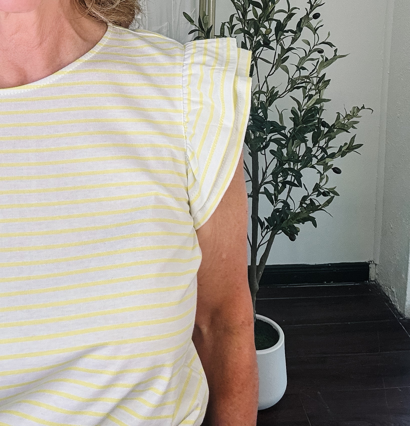 Flutter Sleeve Striped Tee - White & Neon Yellow