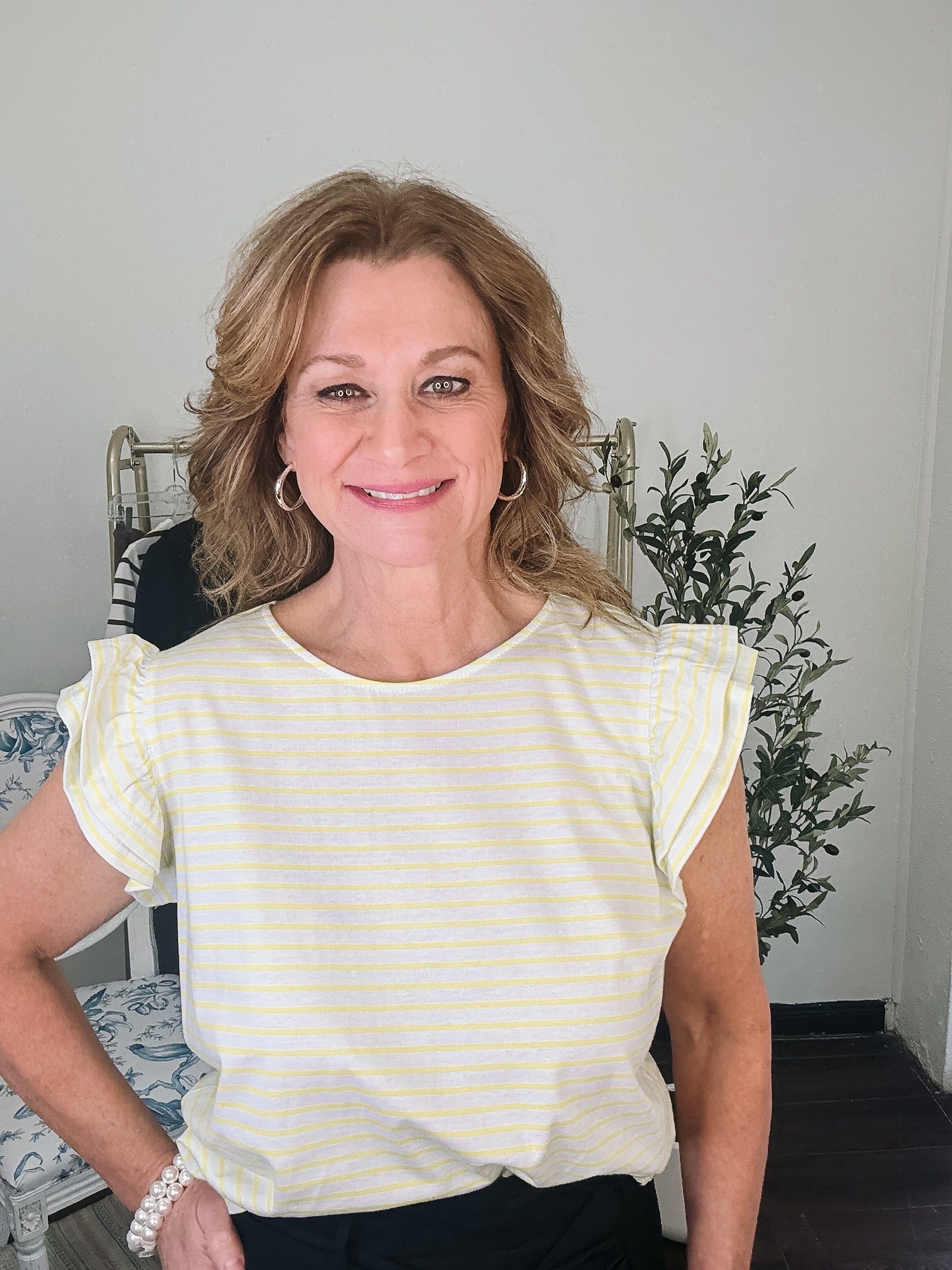 Flutter Sleeve Striped Tee - White & Neon Yellow