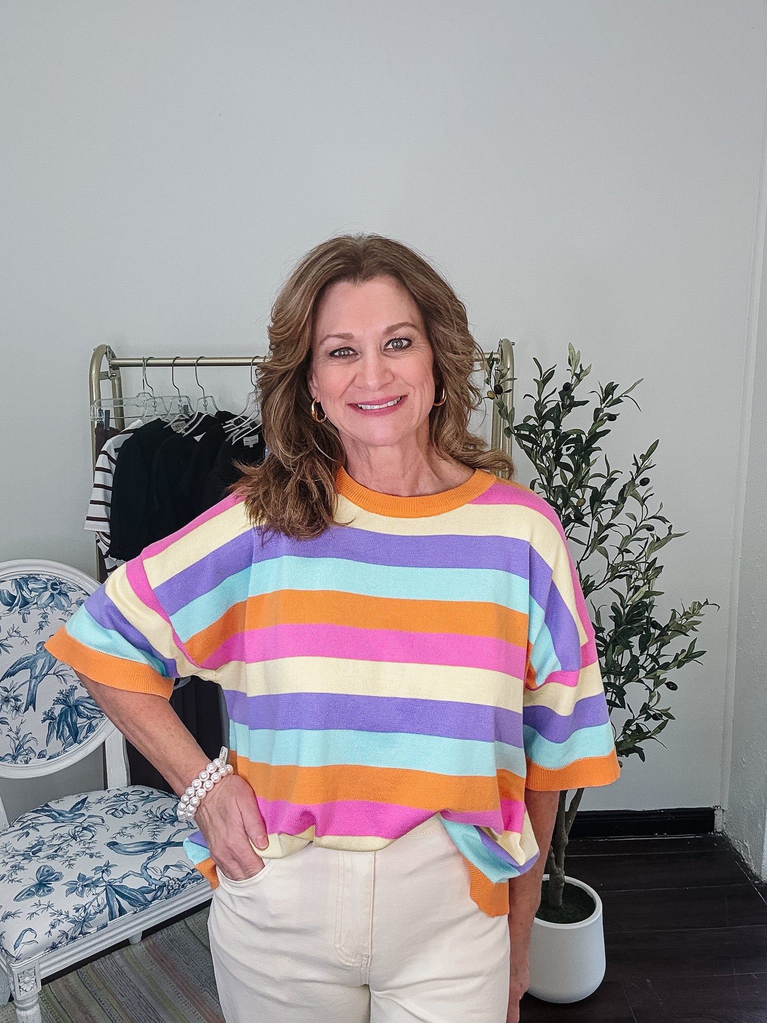 Multi Stripe Crew Light Weight Sweater