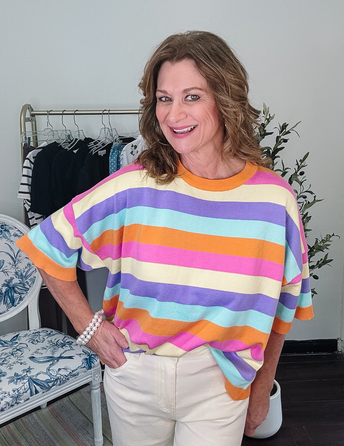 Multi Stripe Crew Light Weight Sweater