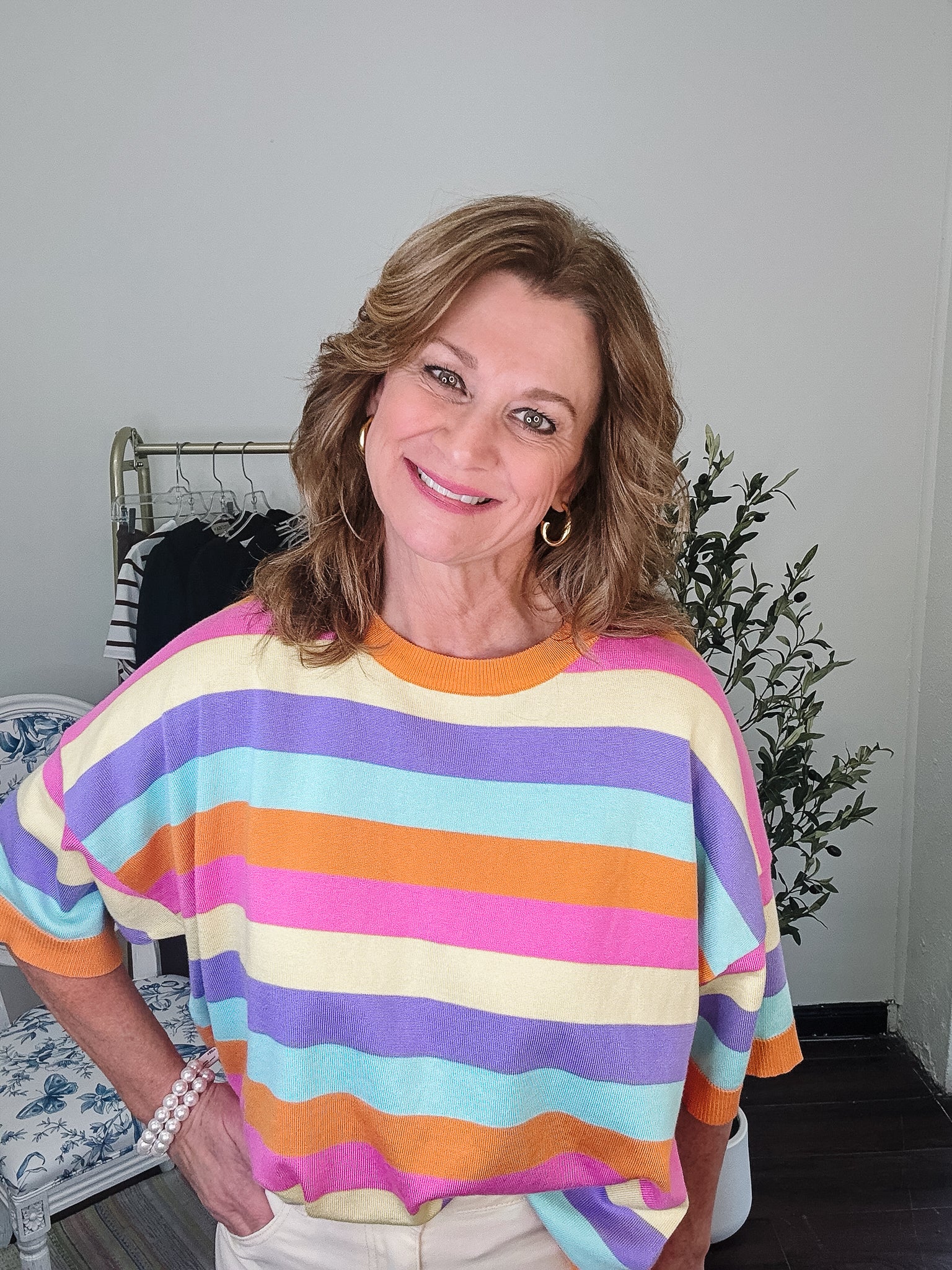 Multi Stripe Crew Light Weight Sweater