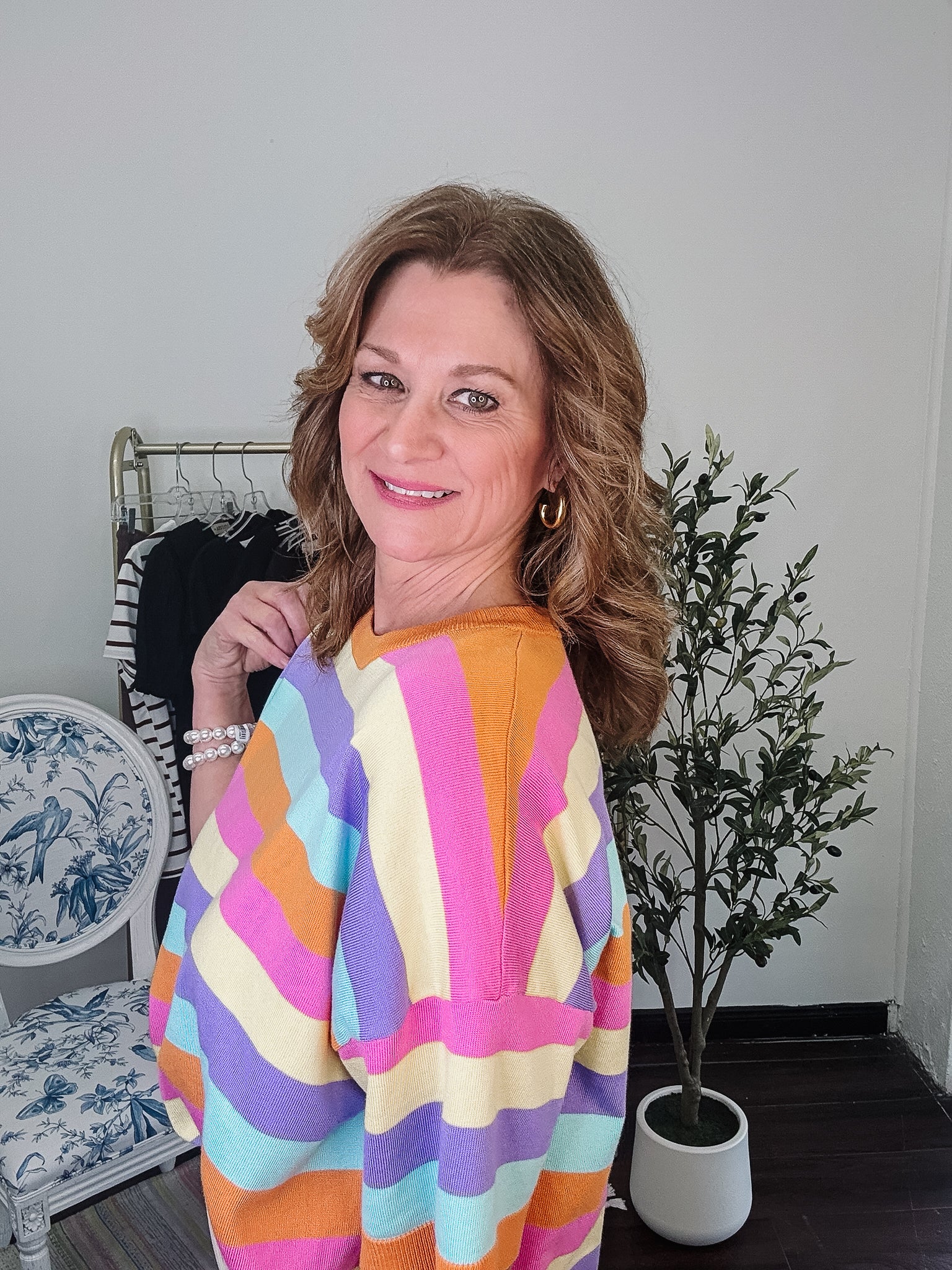 Multi Stripe Crew Light Weight Sweater
