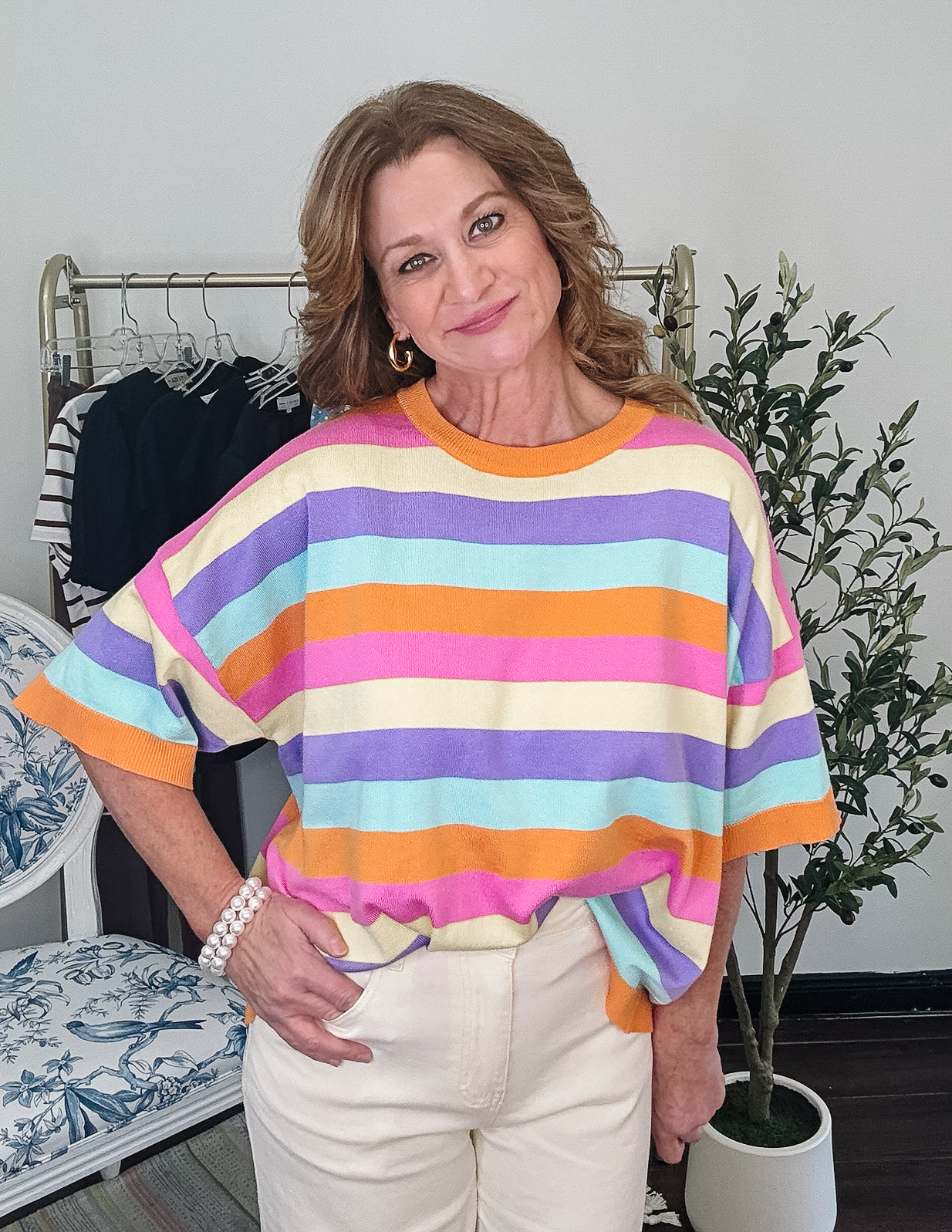 Multi Stripe Crew Light Weight Sweater