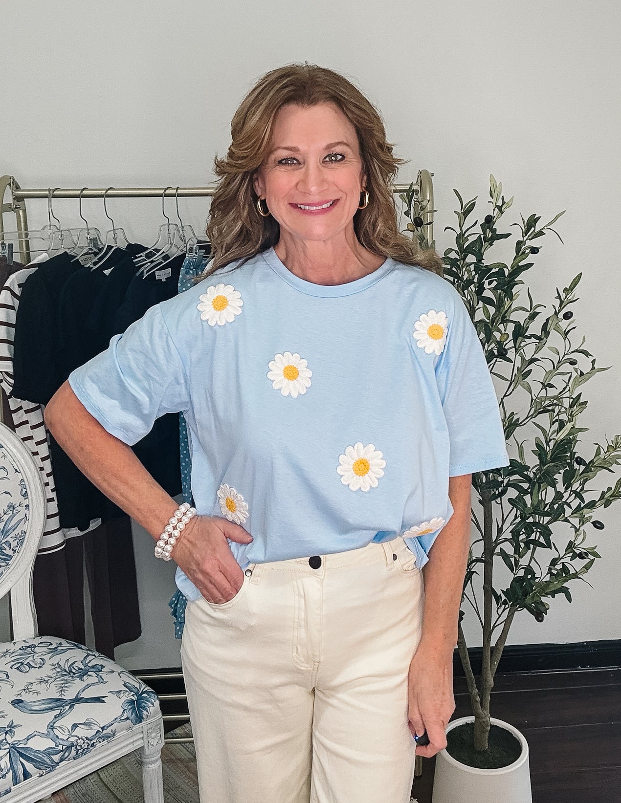 Blooming Fun Embroidered Daisy Tee - Blue