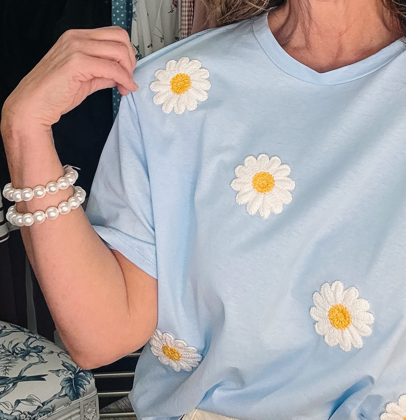 Blooming Fun Embroidered Daisy Tee - Blue