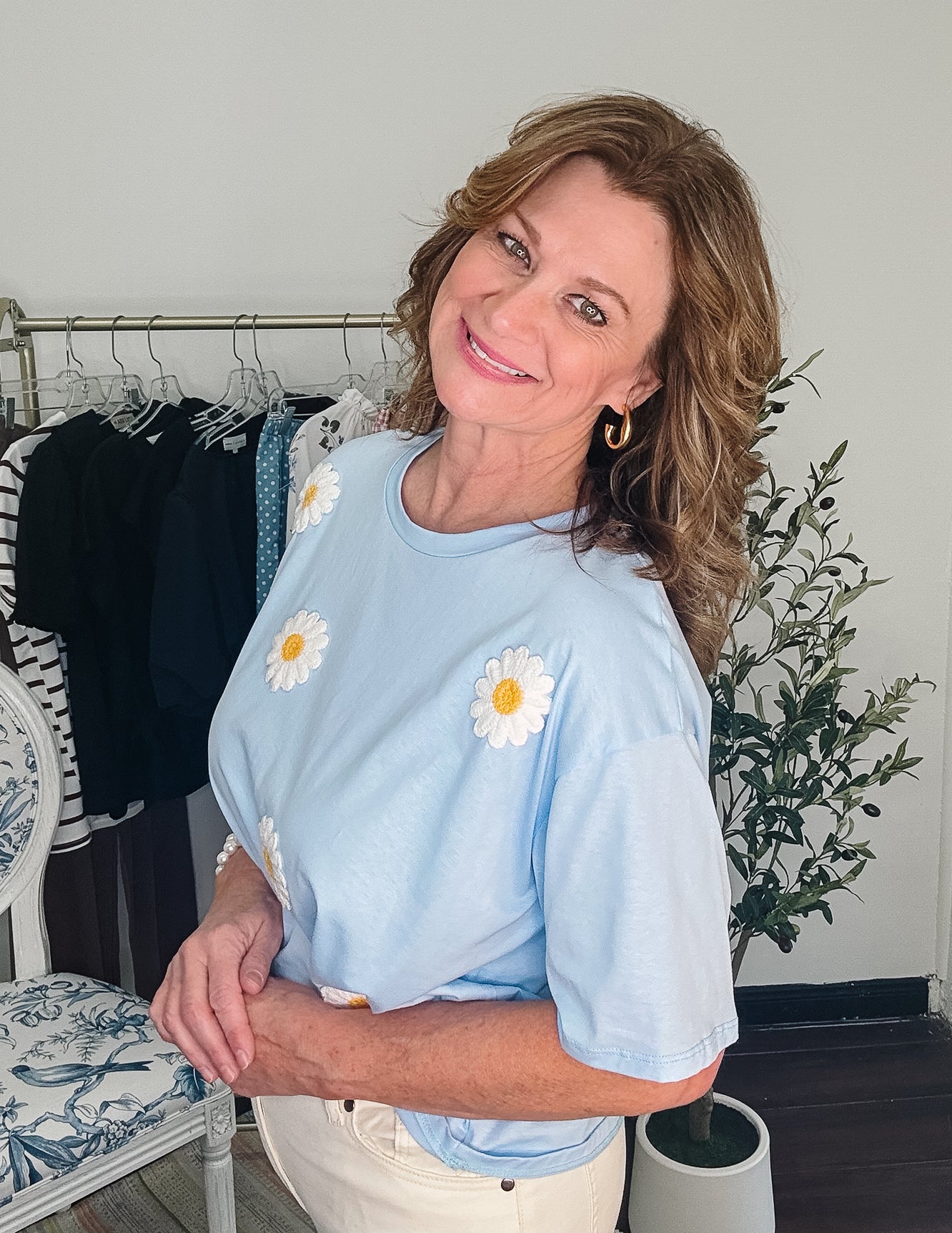 Blooming Fun Embroidered Daisy Tee - Blue