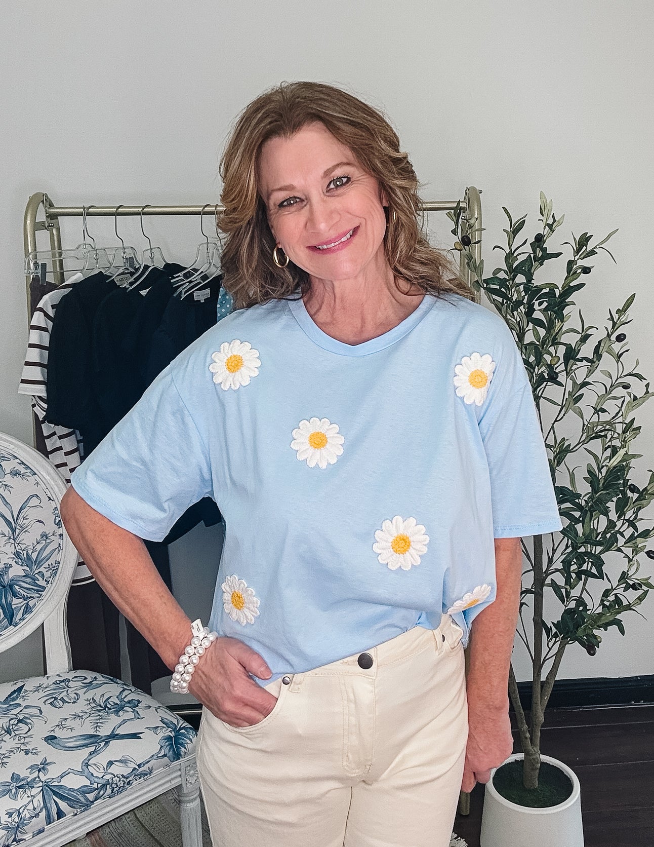 Blooming Fun Embroidered Daisy Tee - Blue